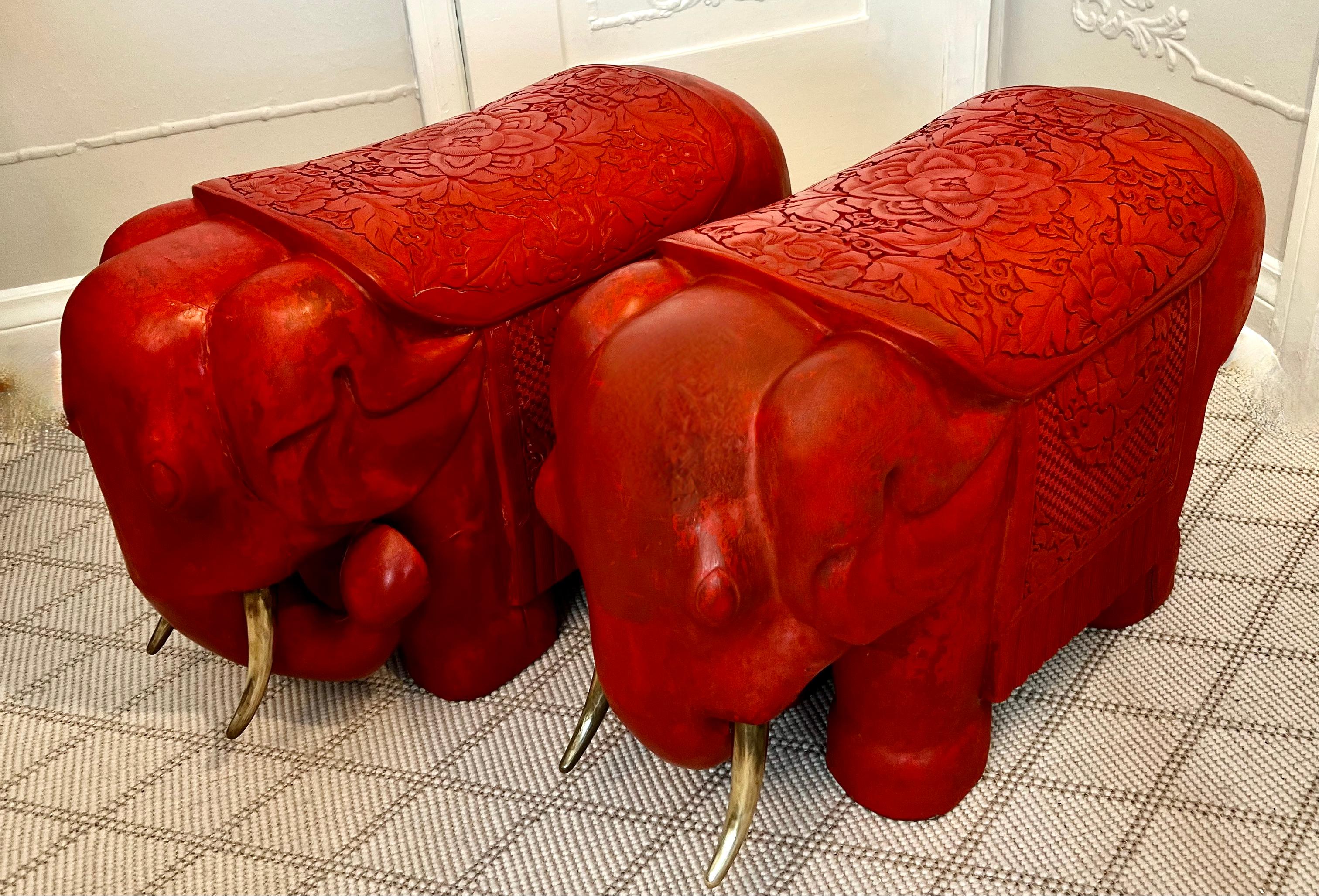Mid-Century Modern Pair of Red Cinnabar Hand Carved Asian Elephants with Brass Tusks For Sale