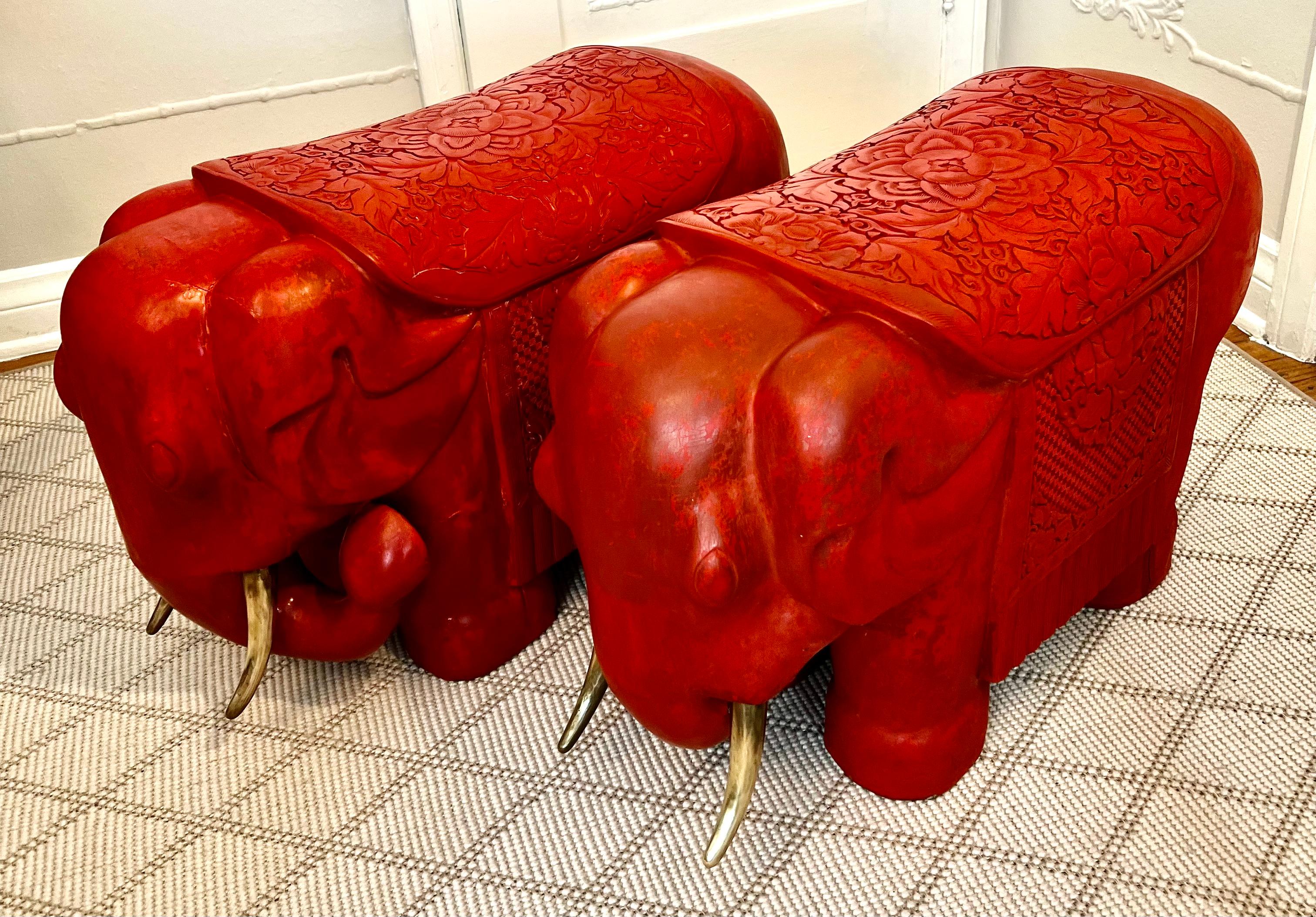 Chinese Pair of Red Cinnabar Hand Carved Asian Elephants with Brass Tusks For Sale