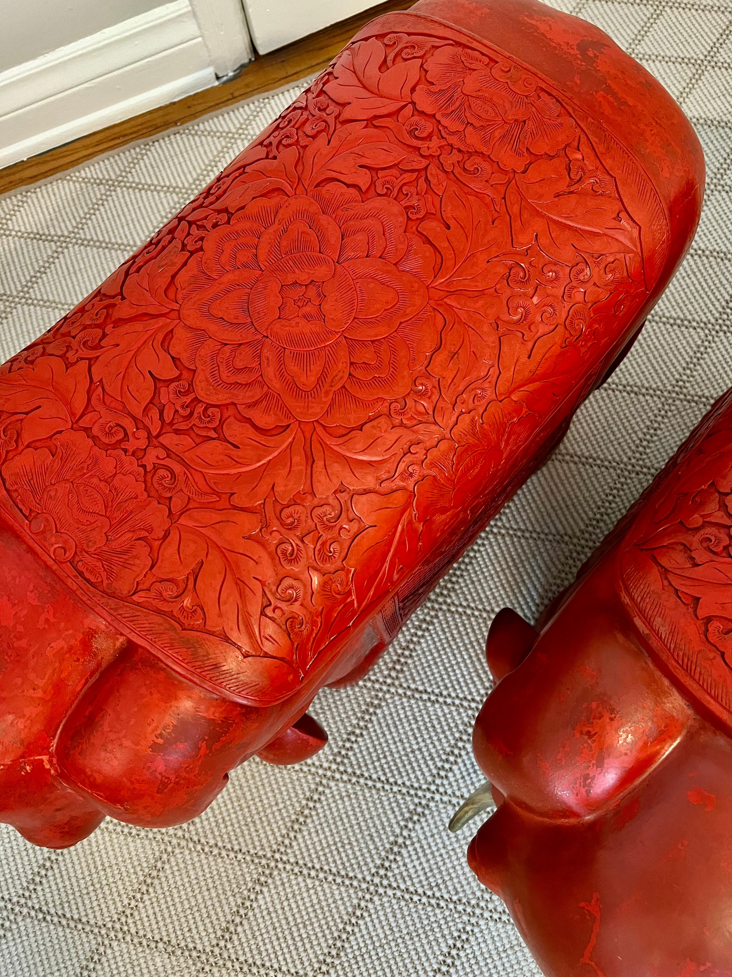 20th Century Pair of Red Cinnabar Hand Carved Asian Elephants with Brass Tusks For Sale