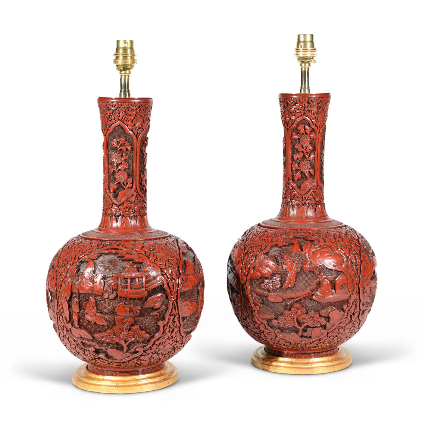 Paire de lampes de table en laque de cinabre rouge du XIXe siècle en vente 2