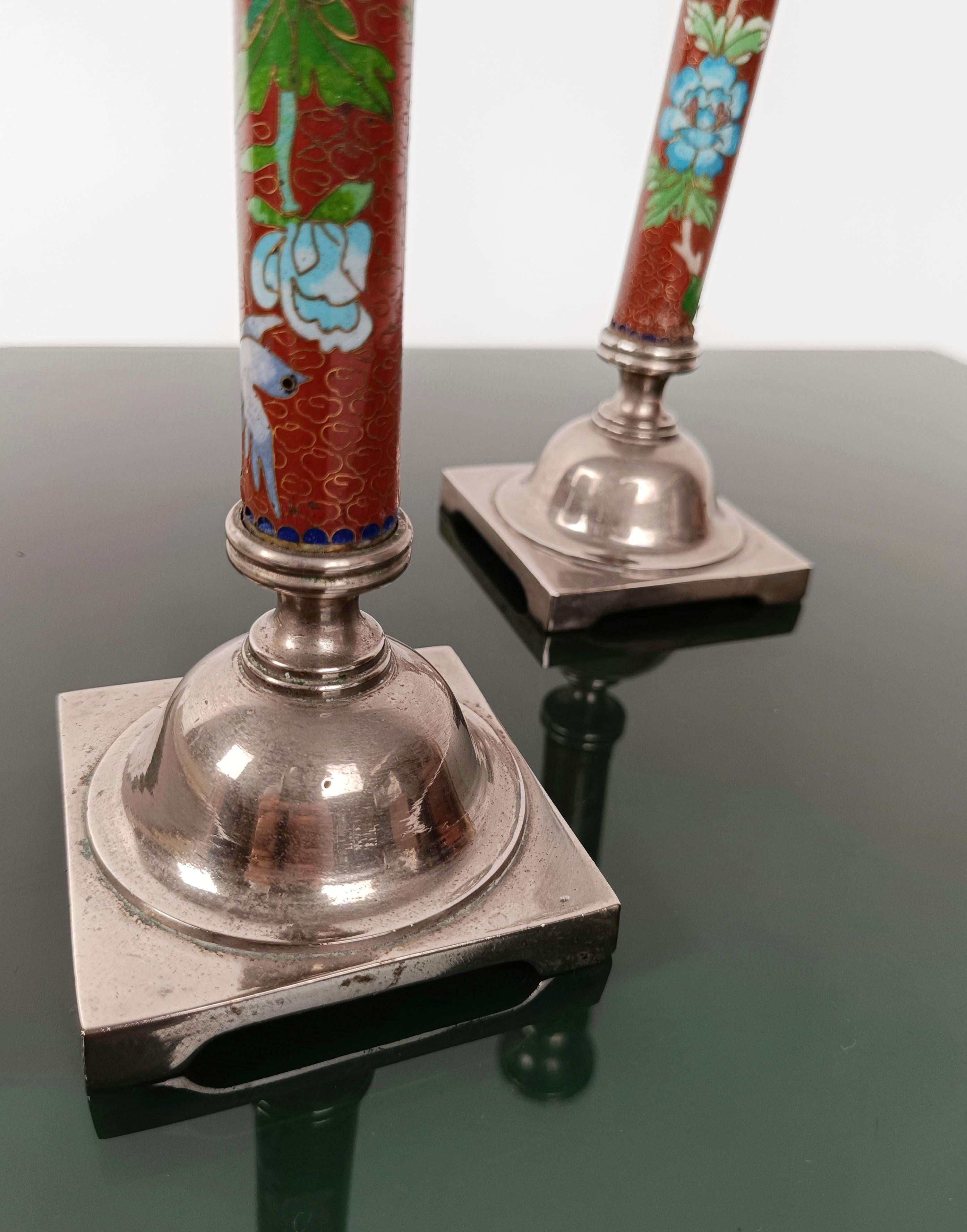 Pair of Red Cloisonné and Metal Candlestick decorated with birds and flowers  For Sale 4