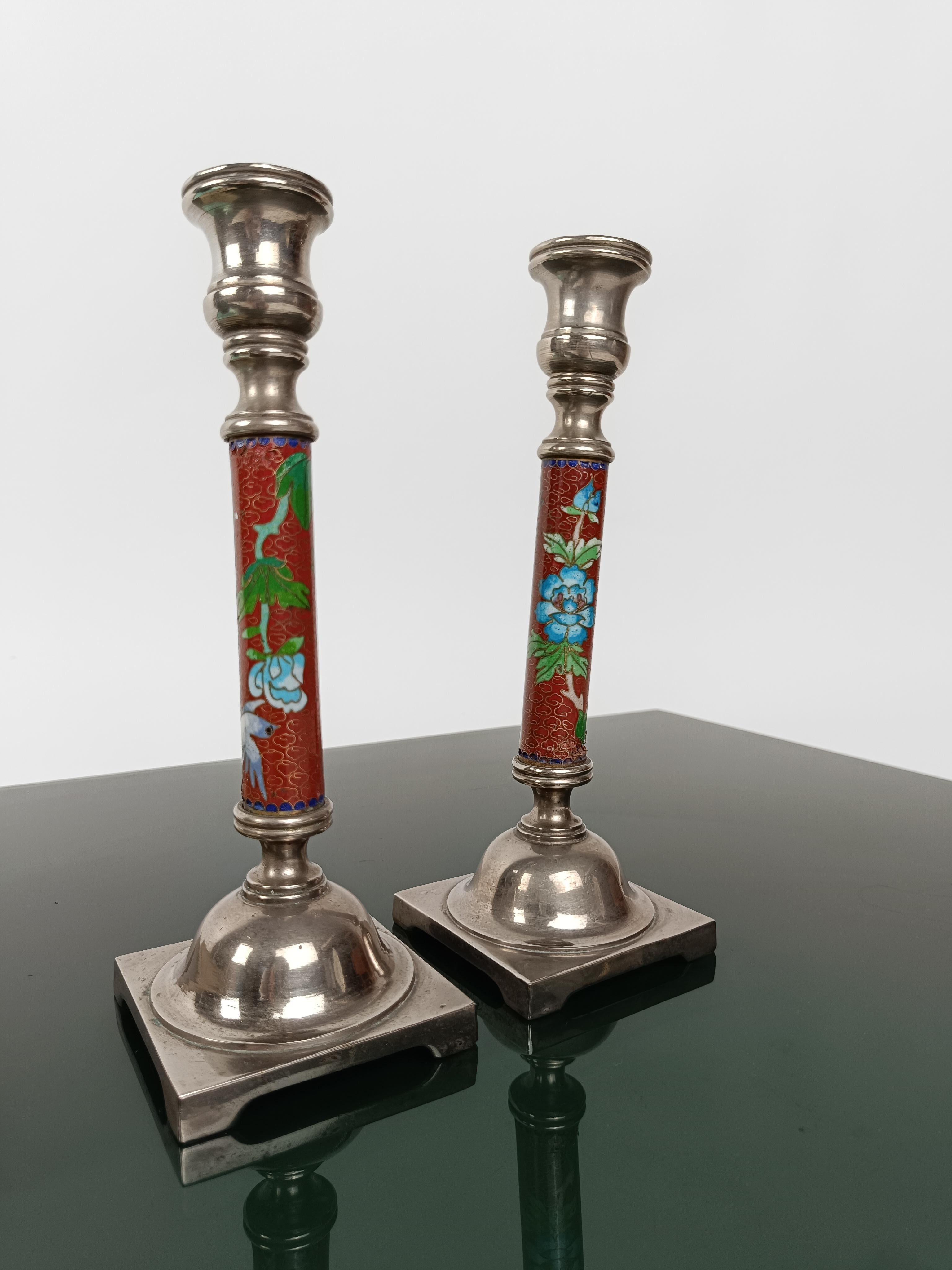 Pair of Red Cloisonné and Metal Candlestick decorated with birds and flowers  For Sale 5