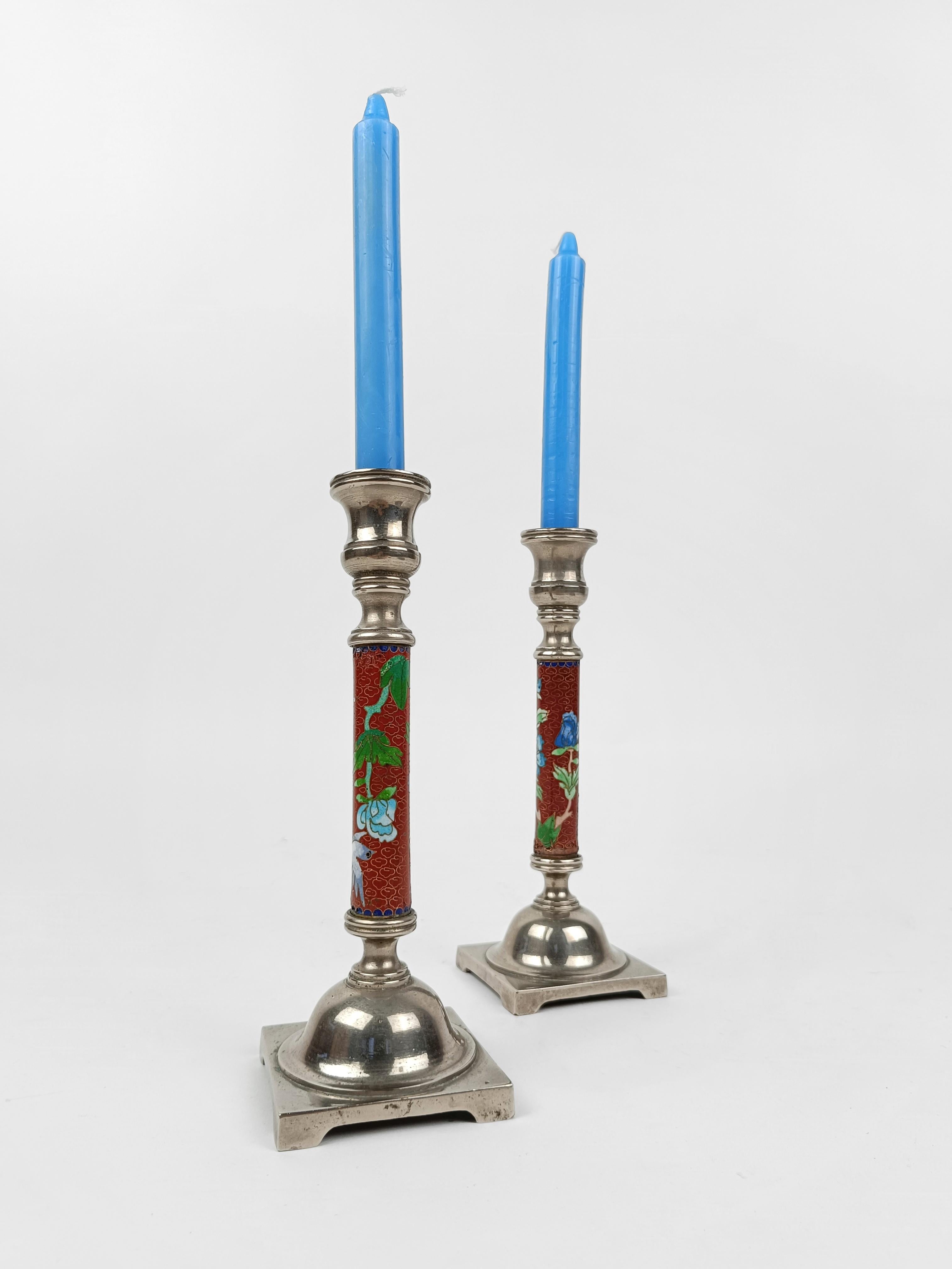 Pair of Red Cloisonné and Metal Candlestick decorated with birds and flowers  For Sale 7