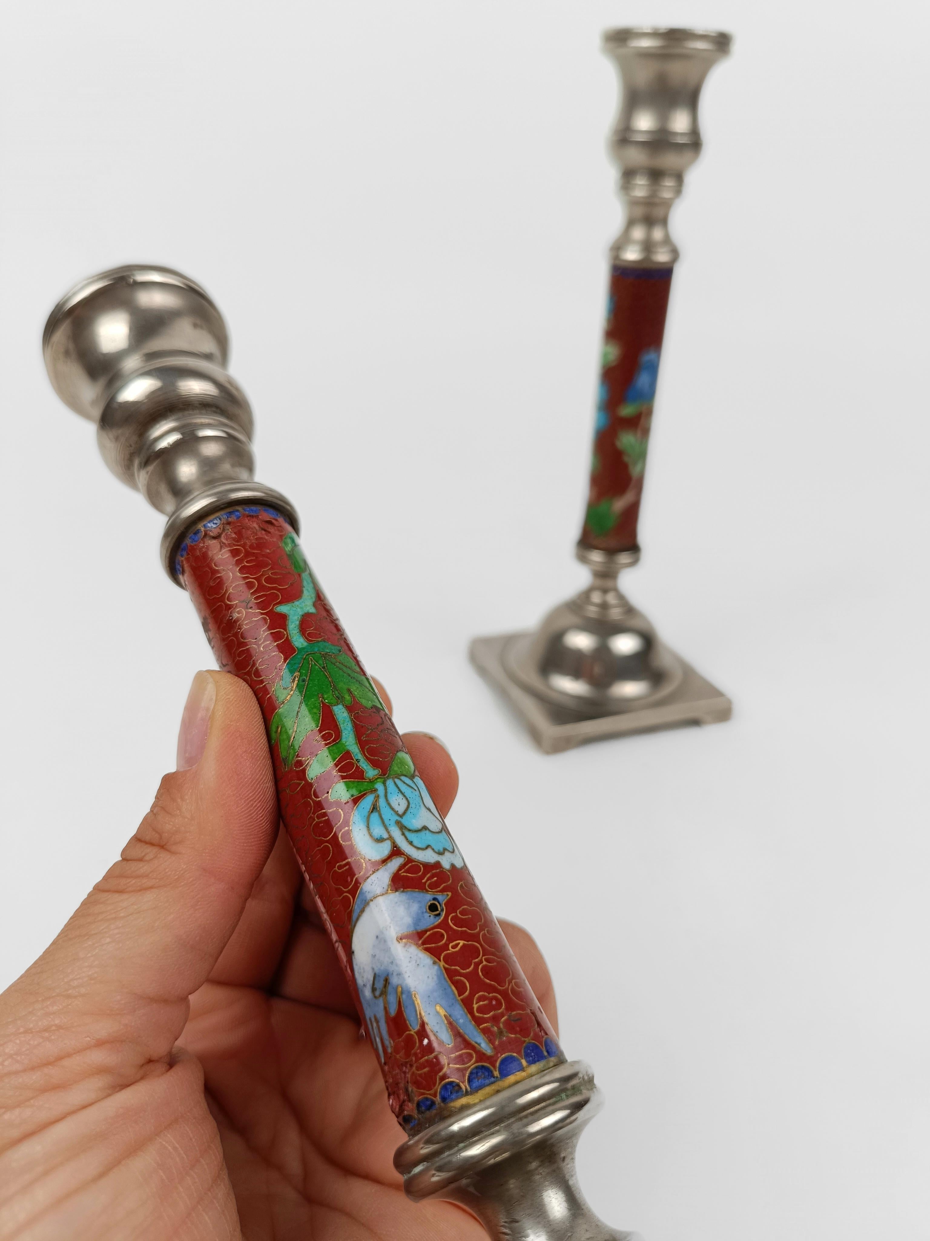 Pair of Red Cloisonné and Metal Candlestick decorated with birds and flowers  For Sale 9
