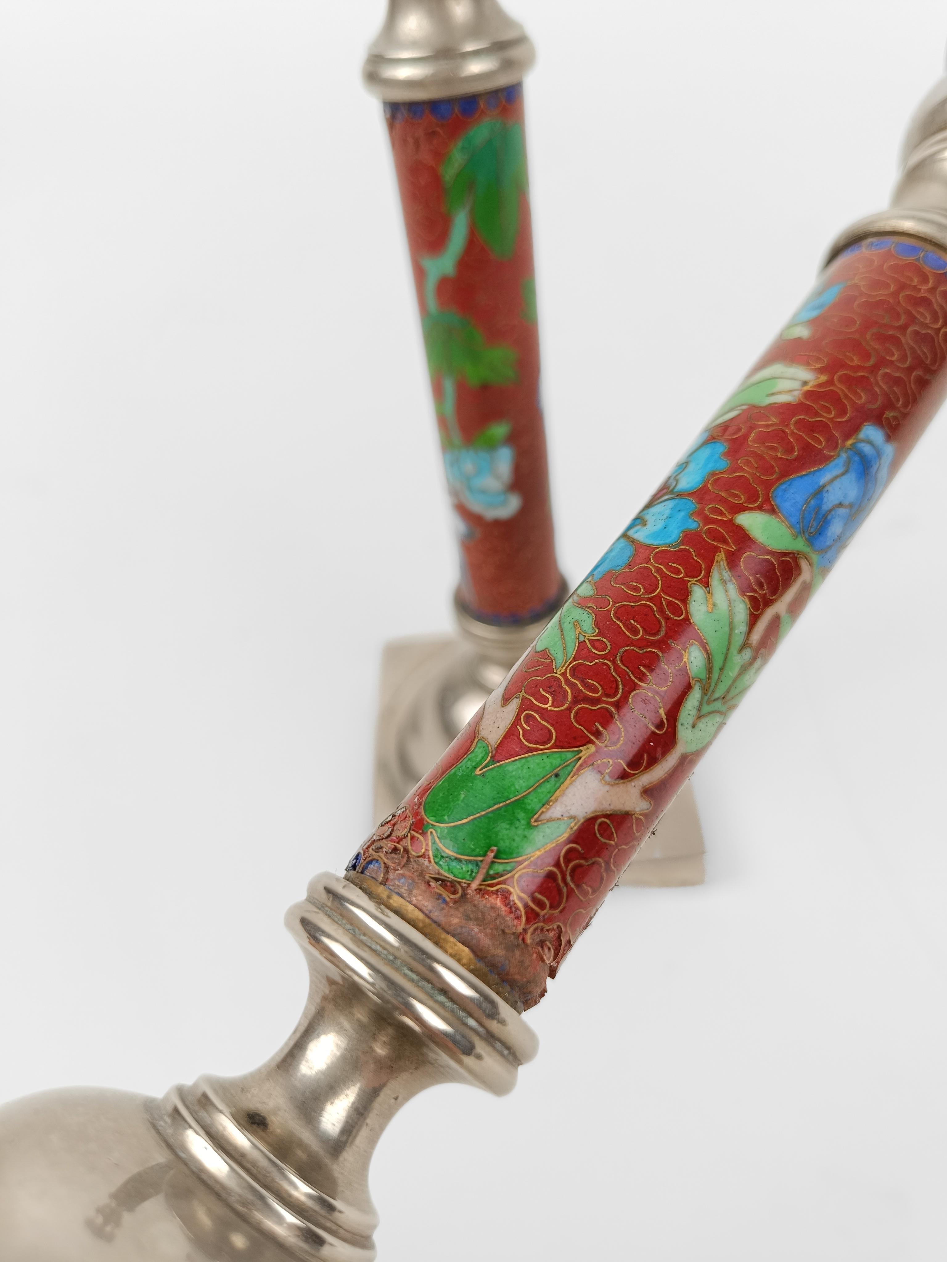 Pair of Red Cloisonné and Metal Candlestick decorated with birds and flowers  For Sale 11