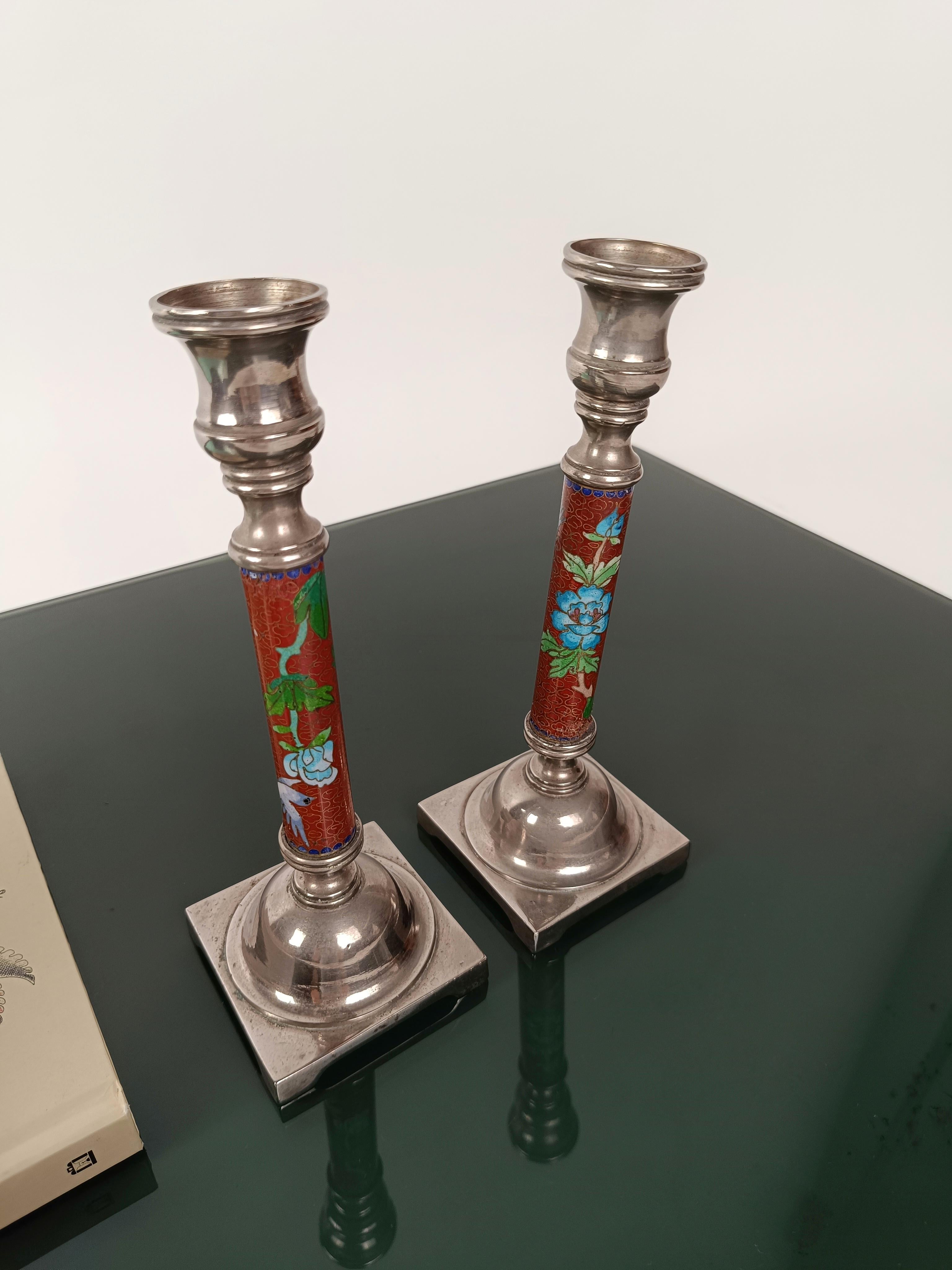 Pair of Red Cloisonné and Metal Candlestick decorated with birds and flowers  For Sale 13