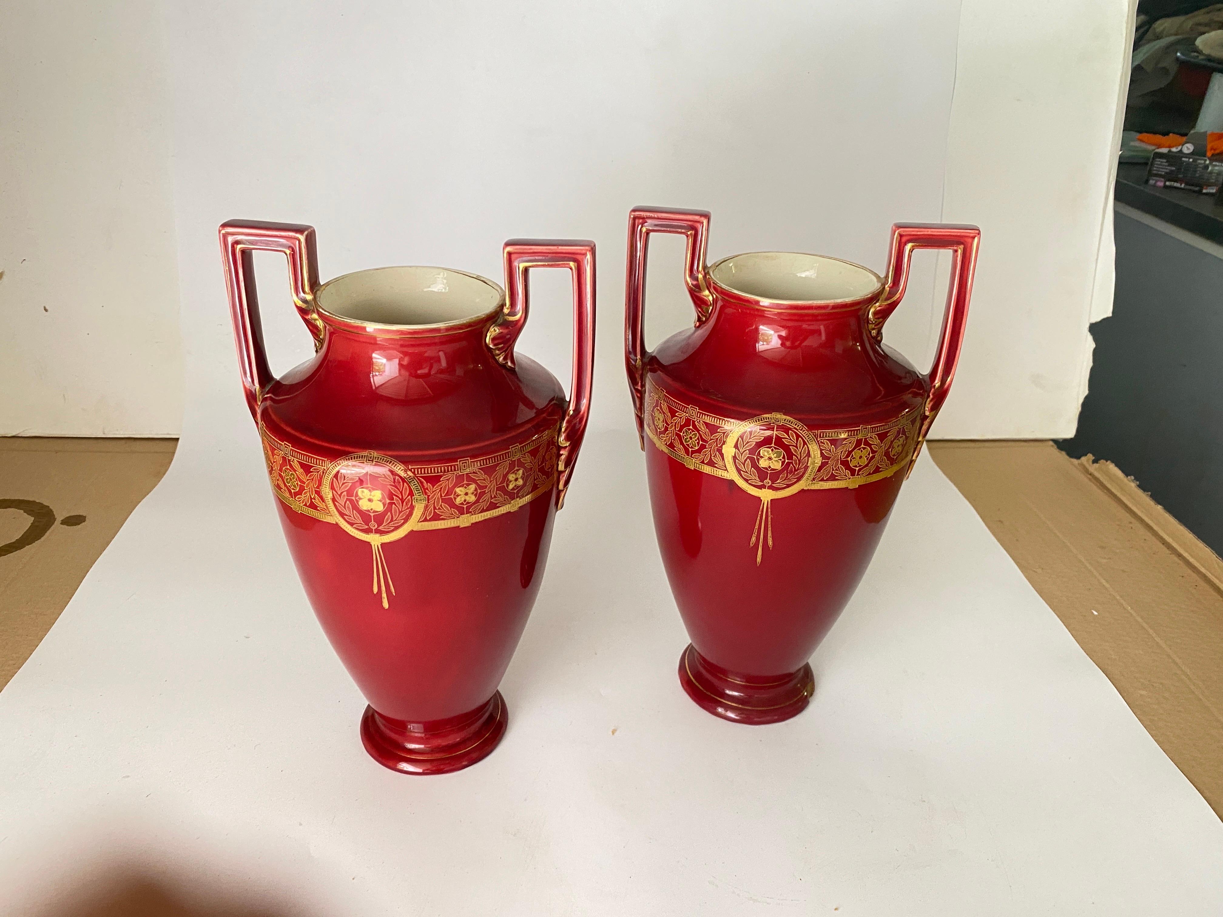Pair of red cobalt urns Vase with ceramic handles and Gilted decorations For Sale 4