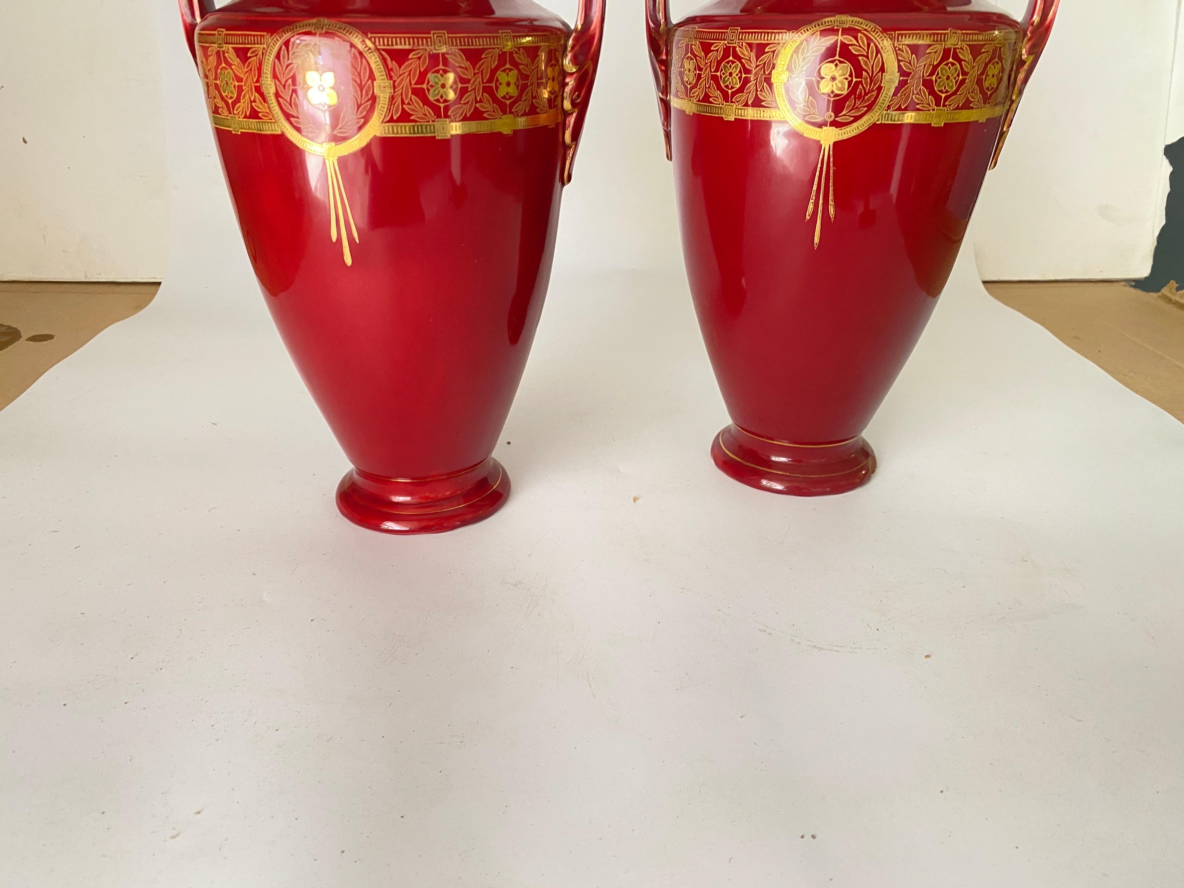 Pair of red cobalt urns Vase with ceramic handles and Gilted decorations For Sale 5