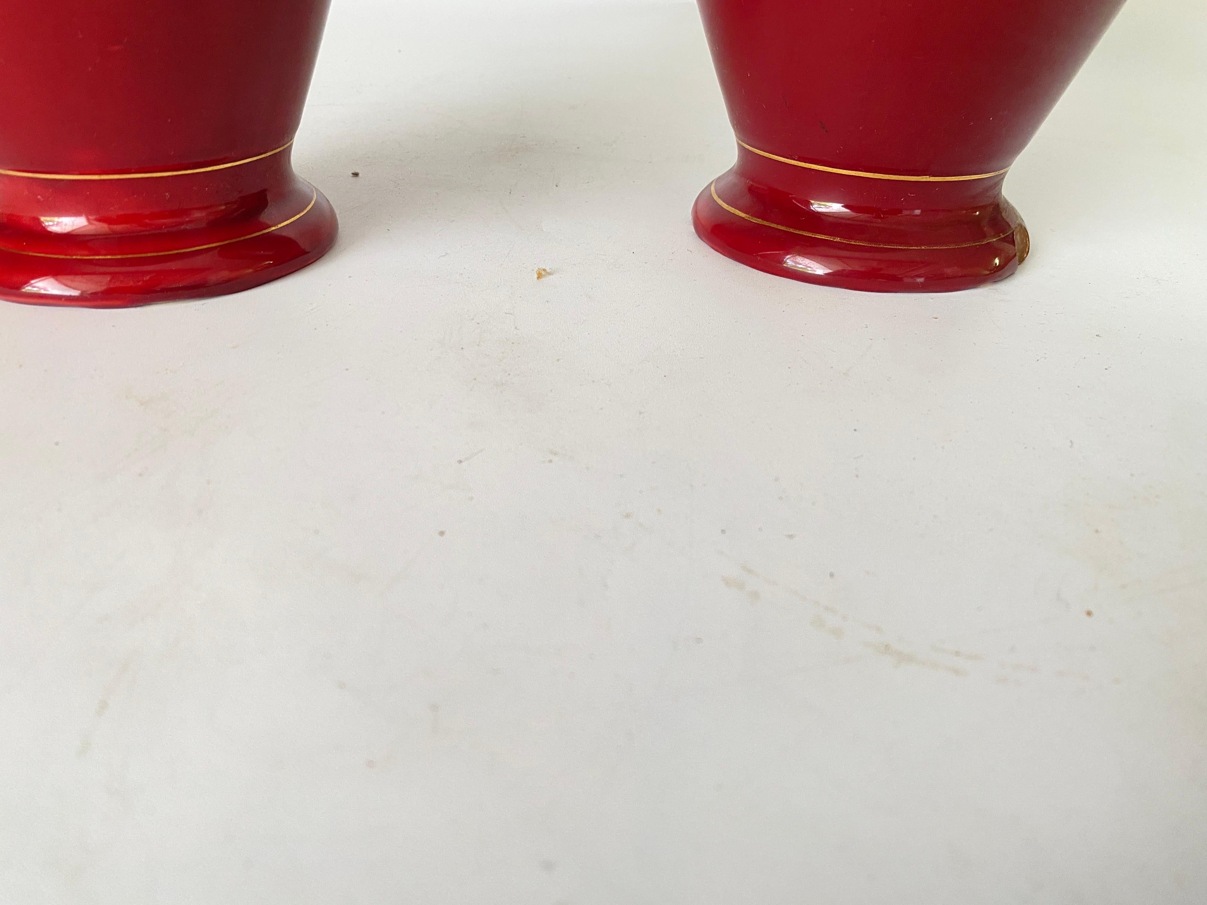 French Pair of red cobalt urns Vase with ceramic handles and Gilted decorations For Sale