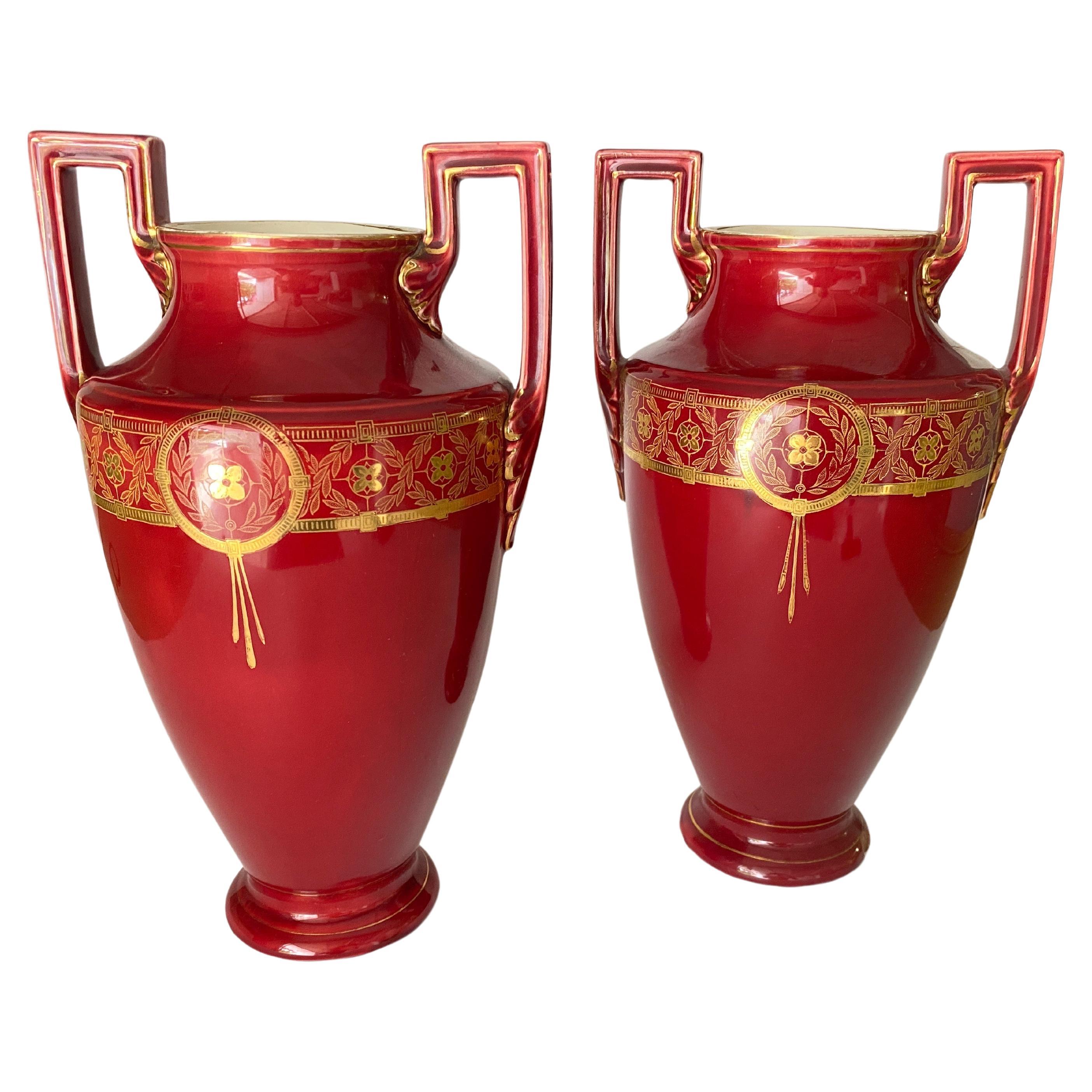 Pair of red cobalt urns Vase with ceramic handles and Gilted decorations For Sale
