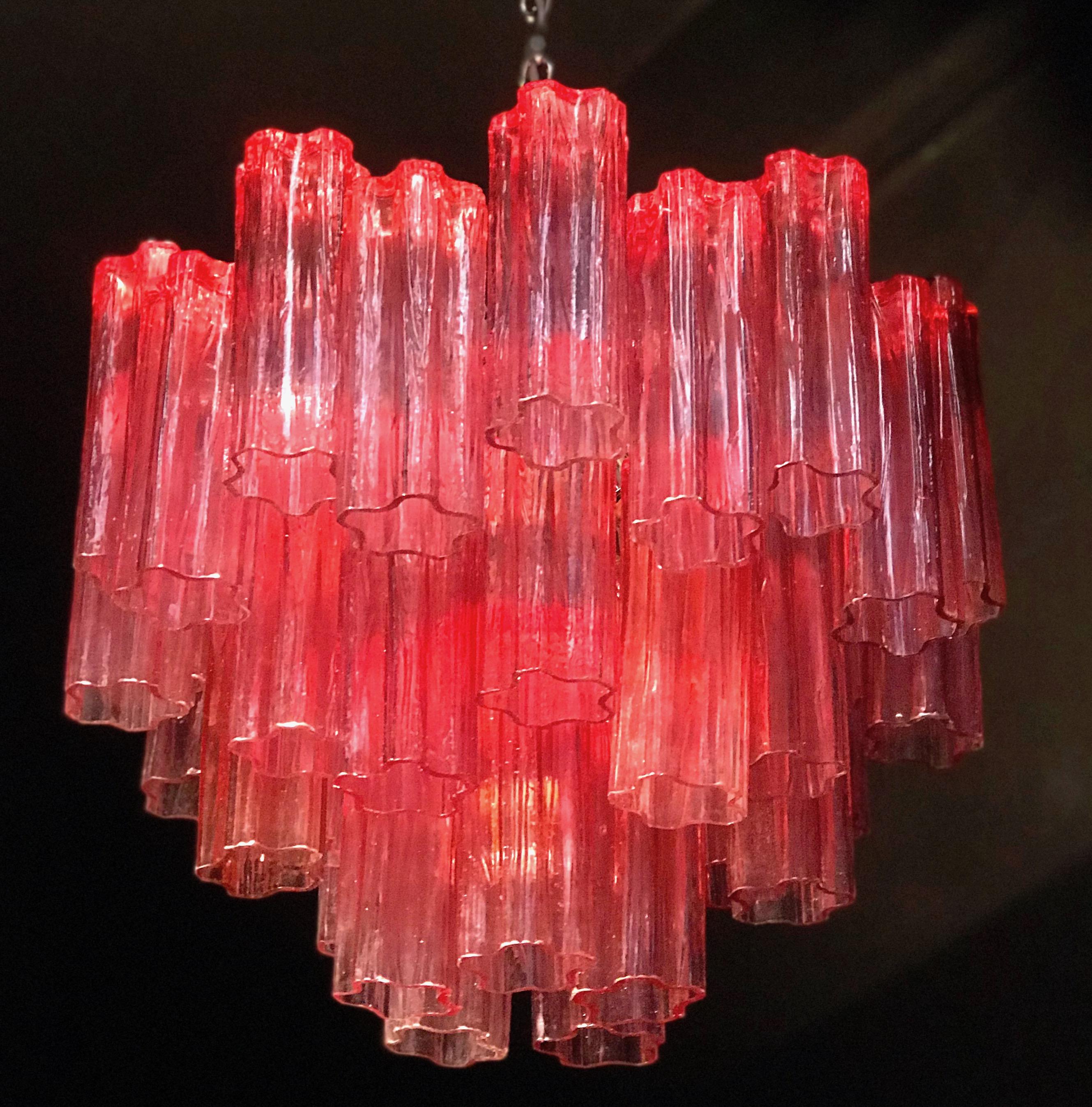 Blown Glass Pair of Red Coral Murano Glass Tronchi Chandelier 1970 For Sale