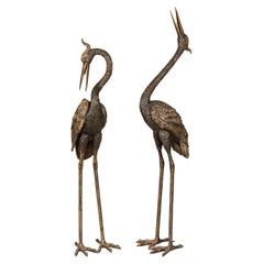 Pair of Red Crested Bronze Heron Statues, Tubed as Fountains
