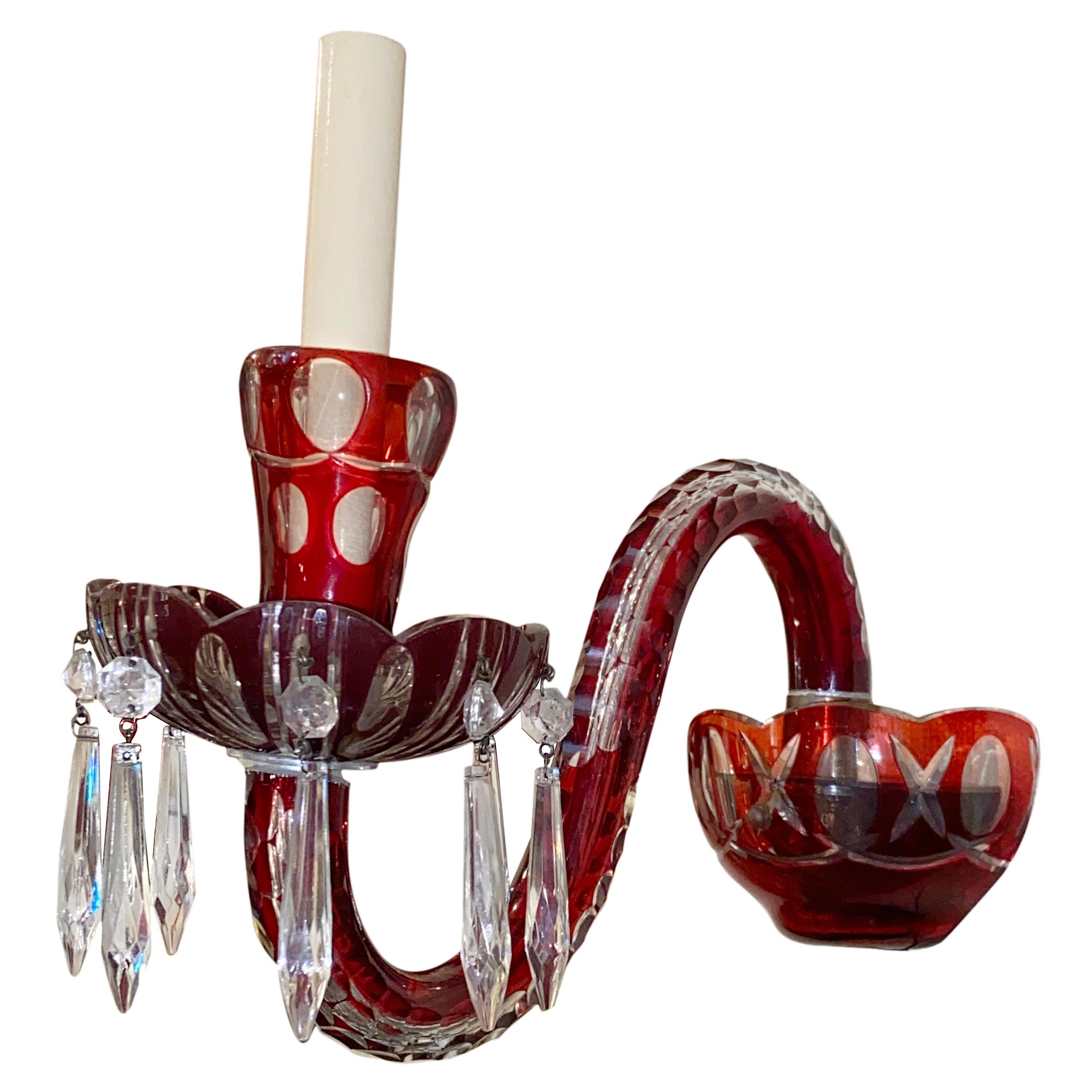 French Pair of Red Cut Glass Sconces For Sale