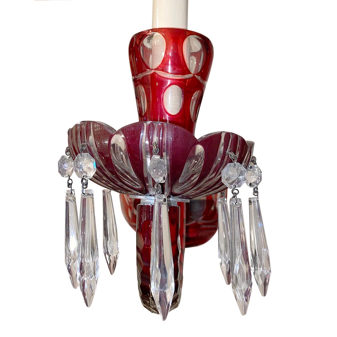 Pair of Red Cut Glass Sconces In Good Condition For Sale In New York, NY