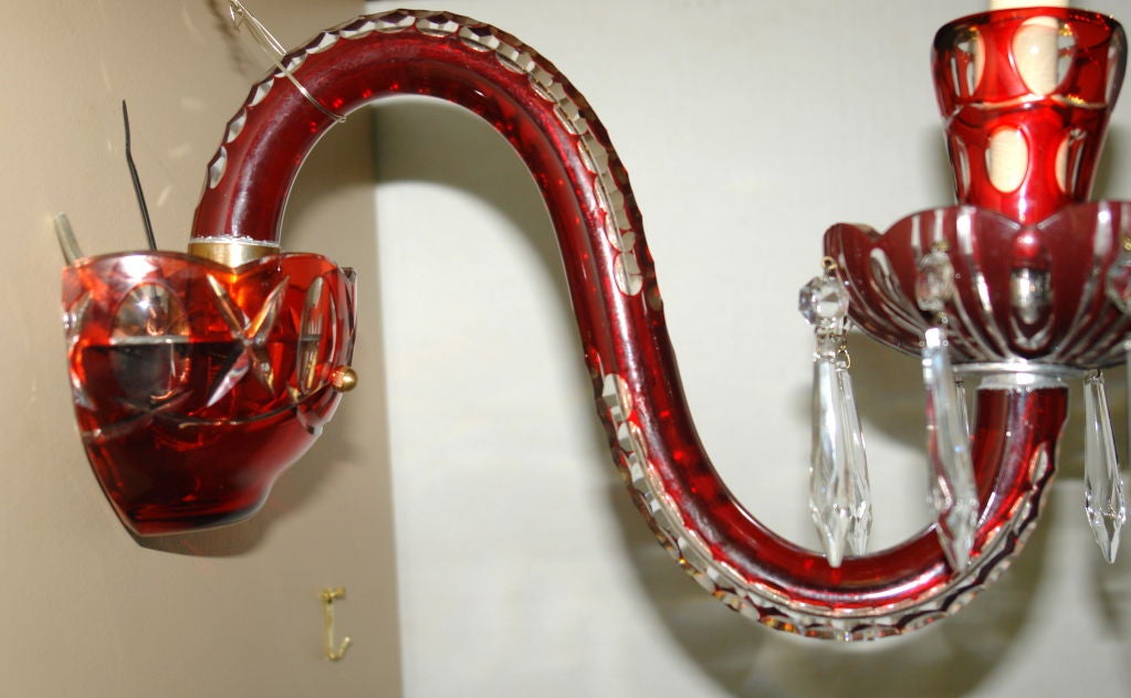 Pair of Red Cut Glass Sconces For Sale 1