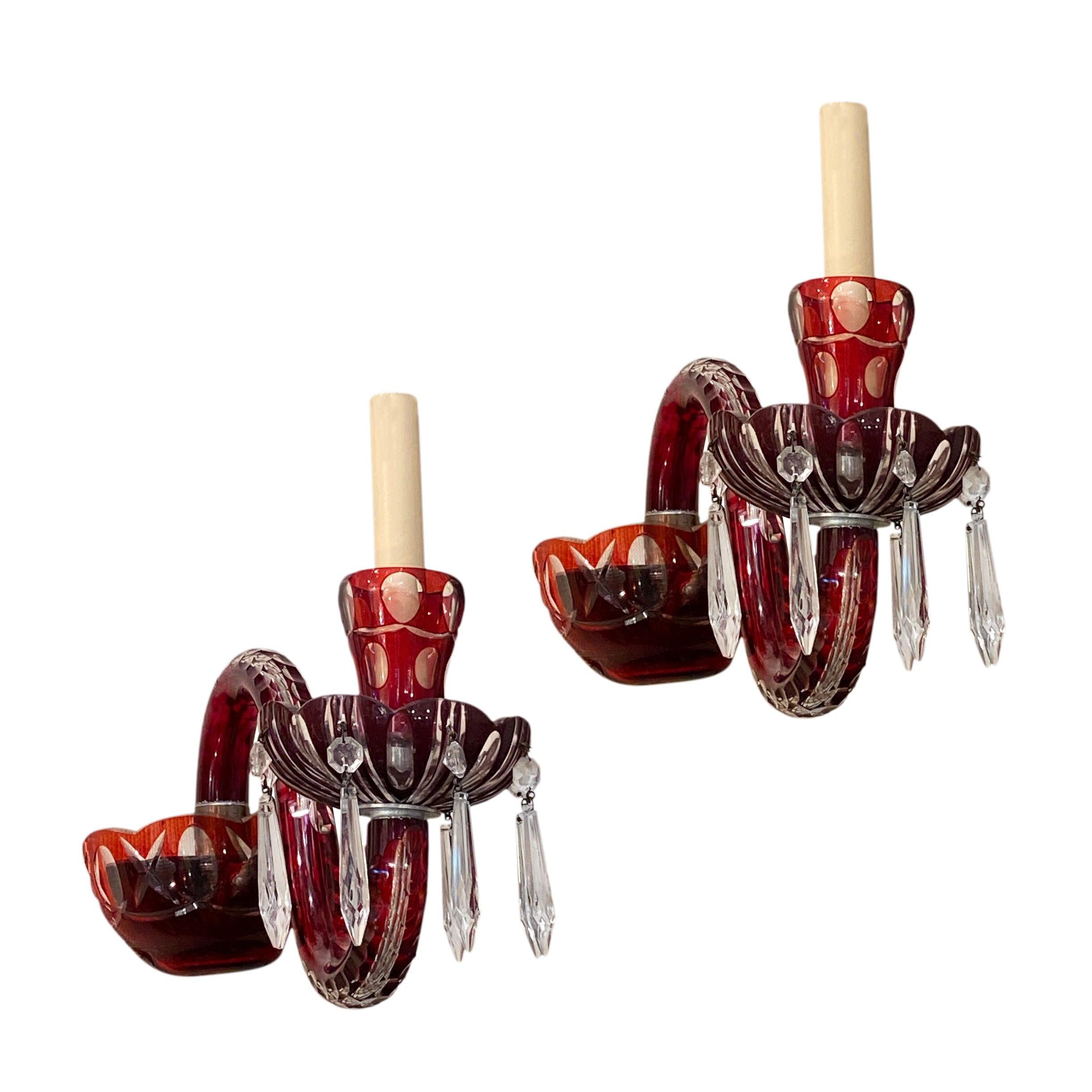Pair of Red Cut Glass Sconces For Sale