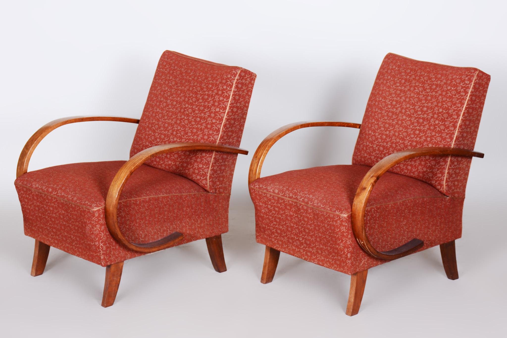 Fabric Pair of Red Czech ArtDeco Beech Armchairs by Jindrich Halabala, UP Zavody, 1930s For Sale