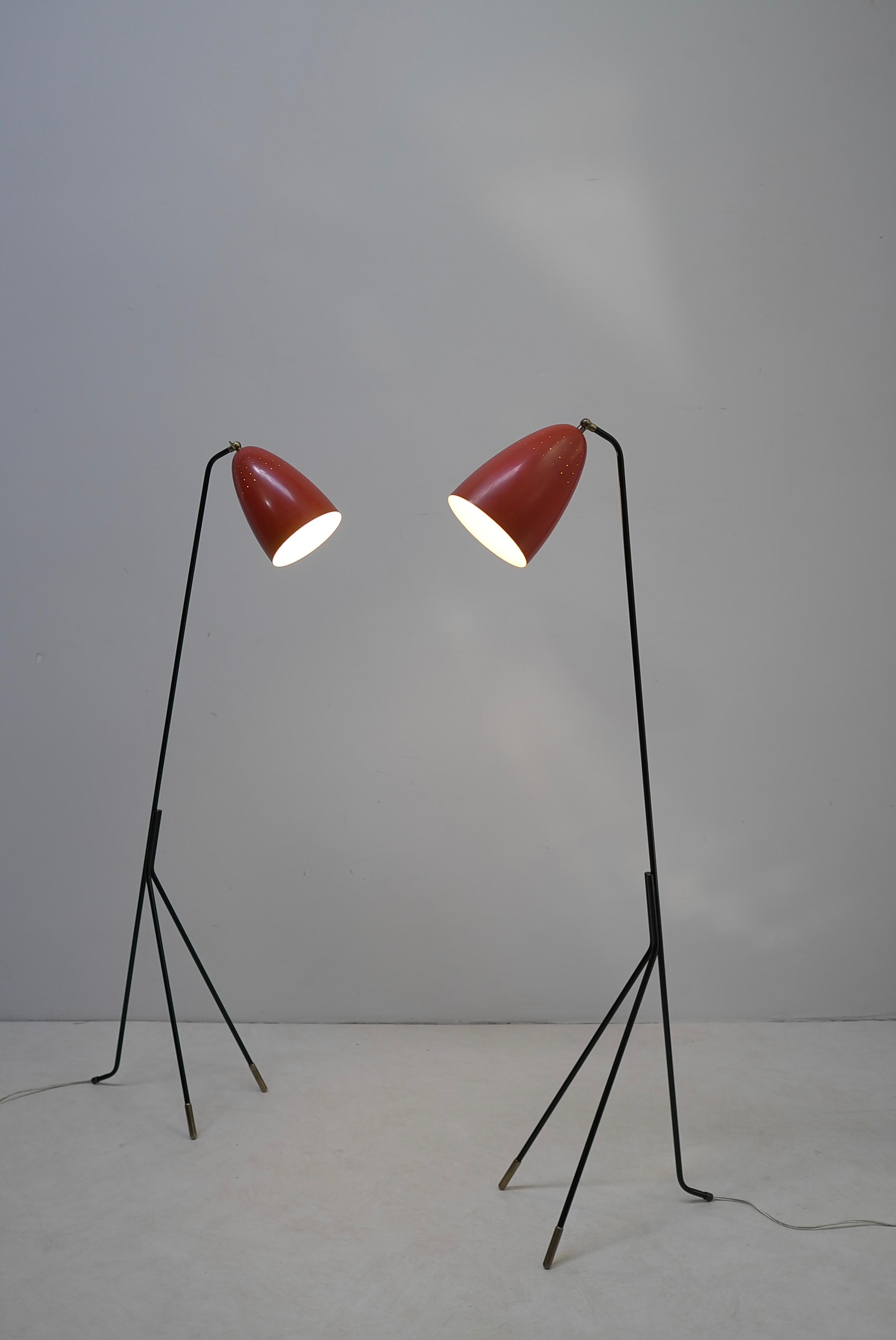 Mid-Century Modern Pair of Red Danish Grasshopper Floor Lamps by Svend Aage Holm Sørensen For Sale