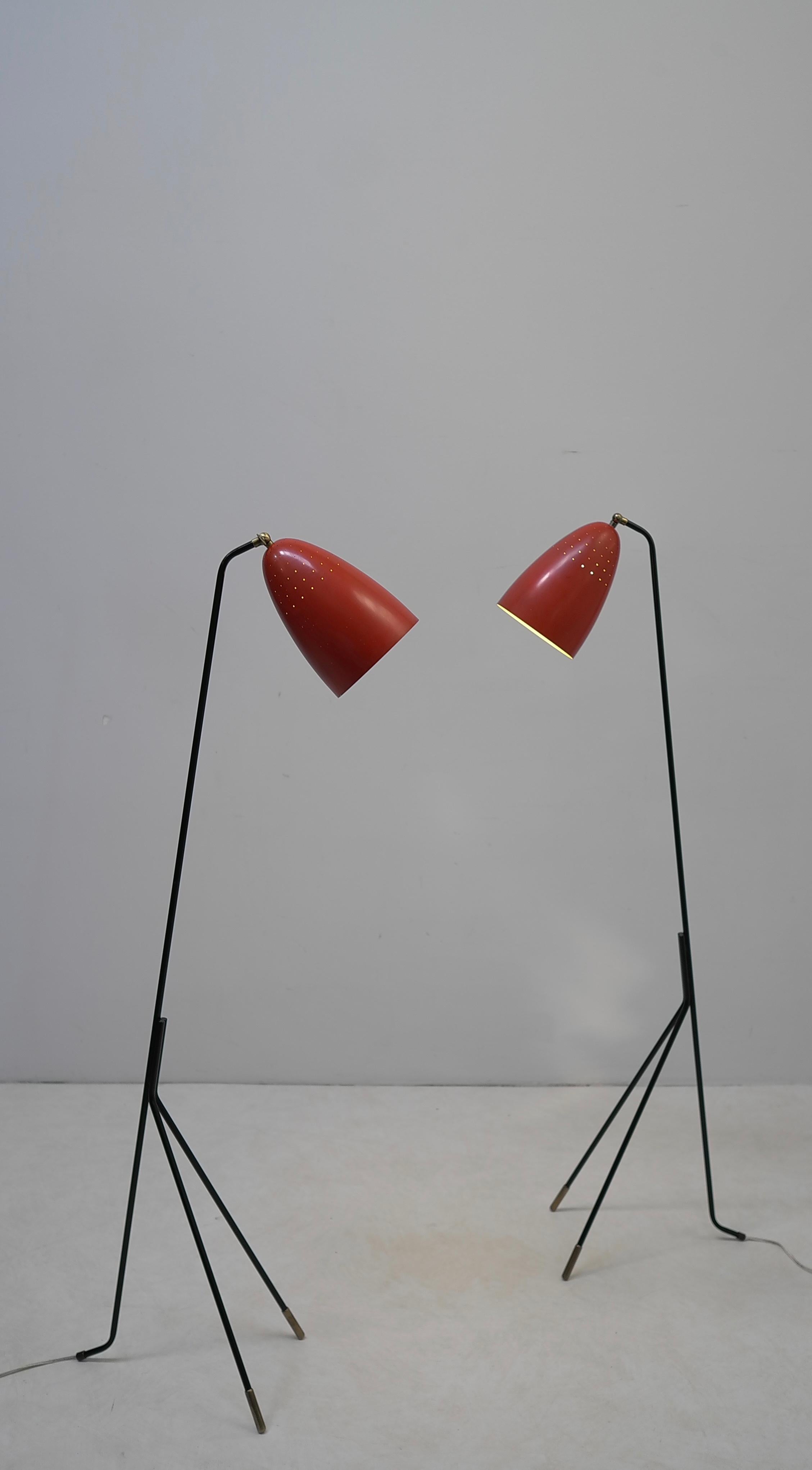 Metal Pair of Red Danish Grasshopper Floor Lamps by Svend Aage Holm Sørensen For Sale