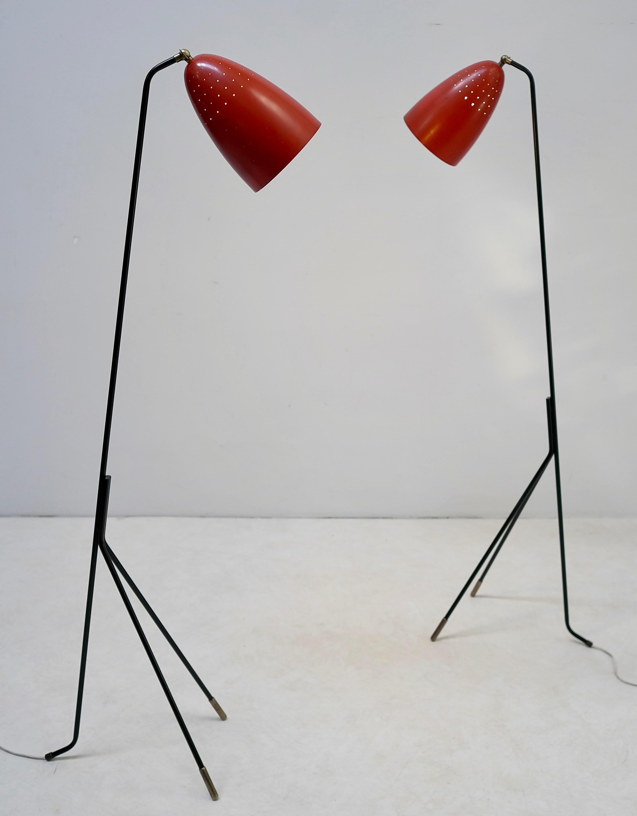 Pair of Red Danish Grasshopper Floor Lamps by Svend Aage Holm Sørensen For Sale 3
