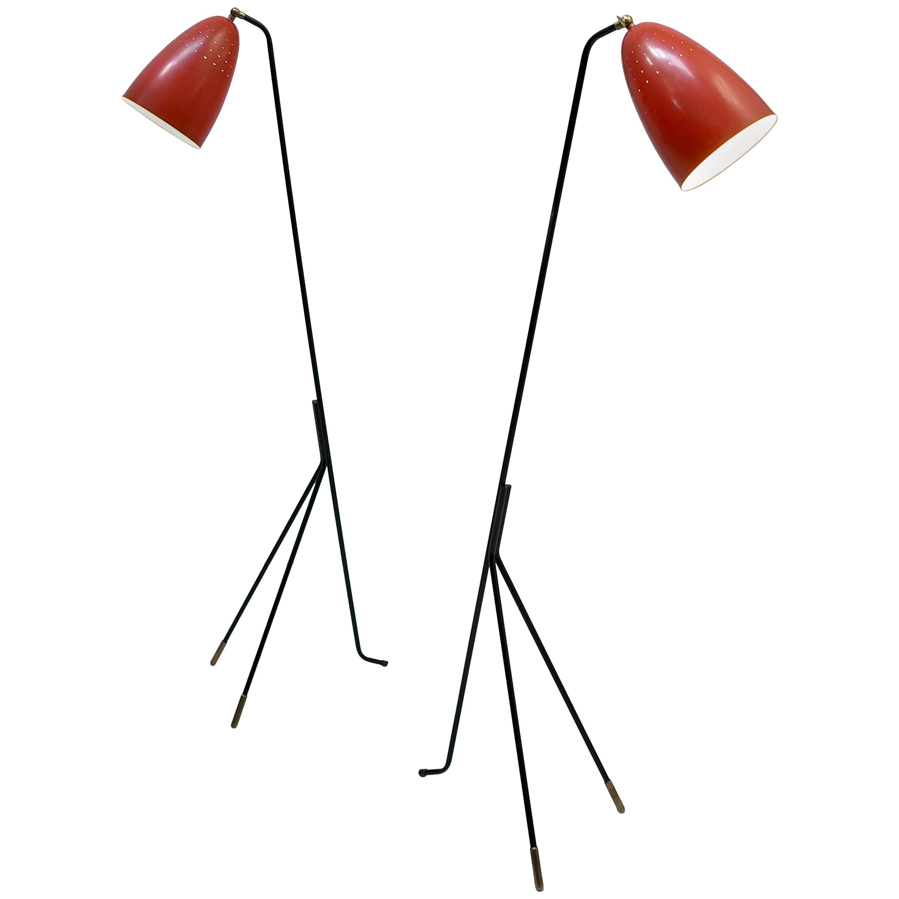 Pair of Red Danish Grasshopper Floor Lamps by Svend Aage Holm Sørensen For Sale
