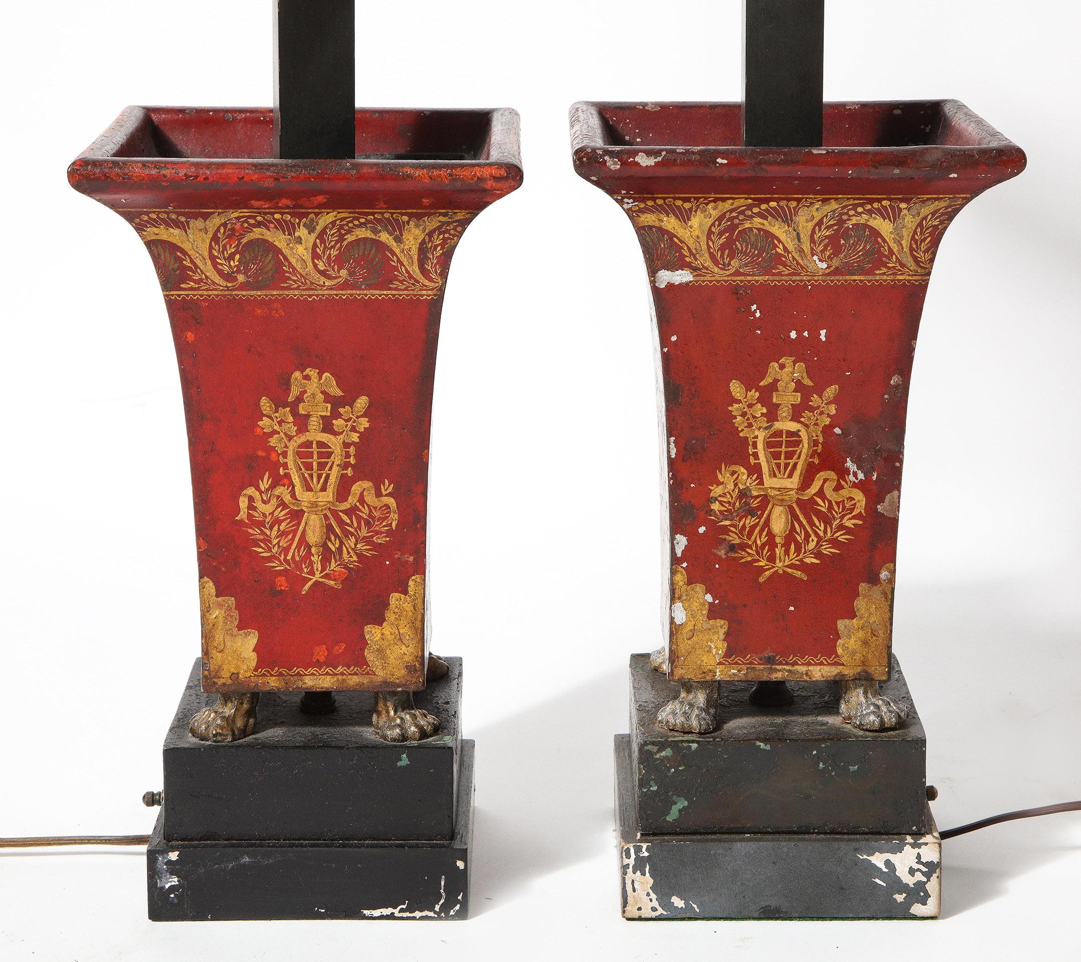 Pair of Red Decorated Lamps For Sale 5