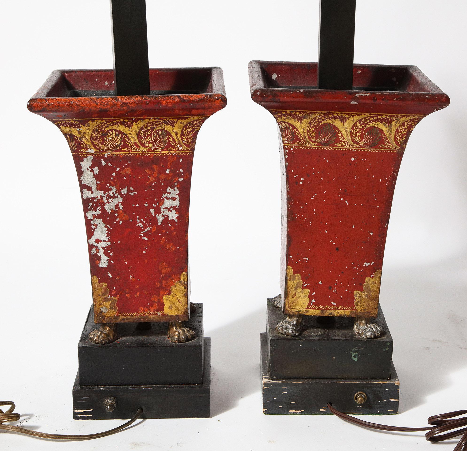 Pair of Red Decorated Lamps For Sale 6