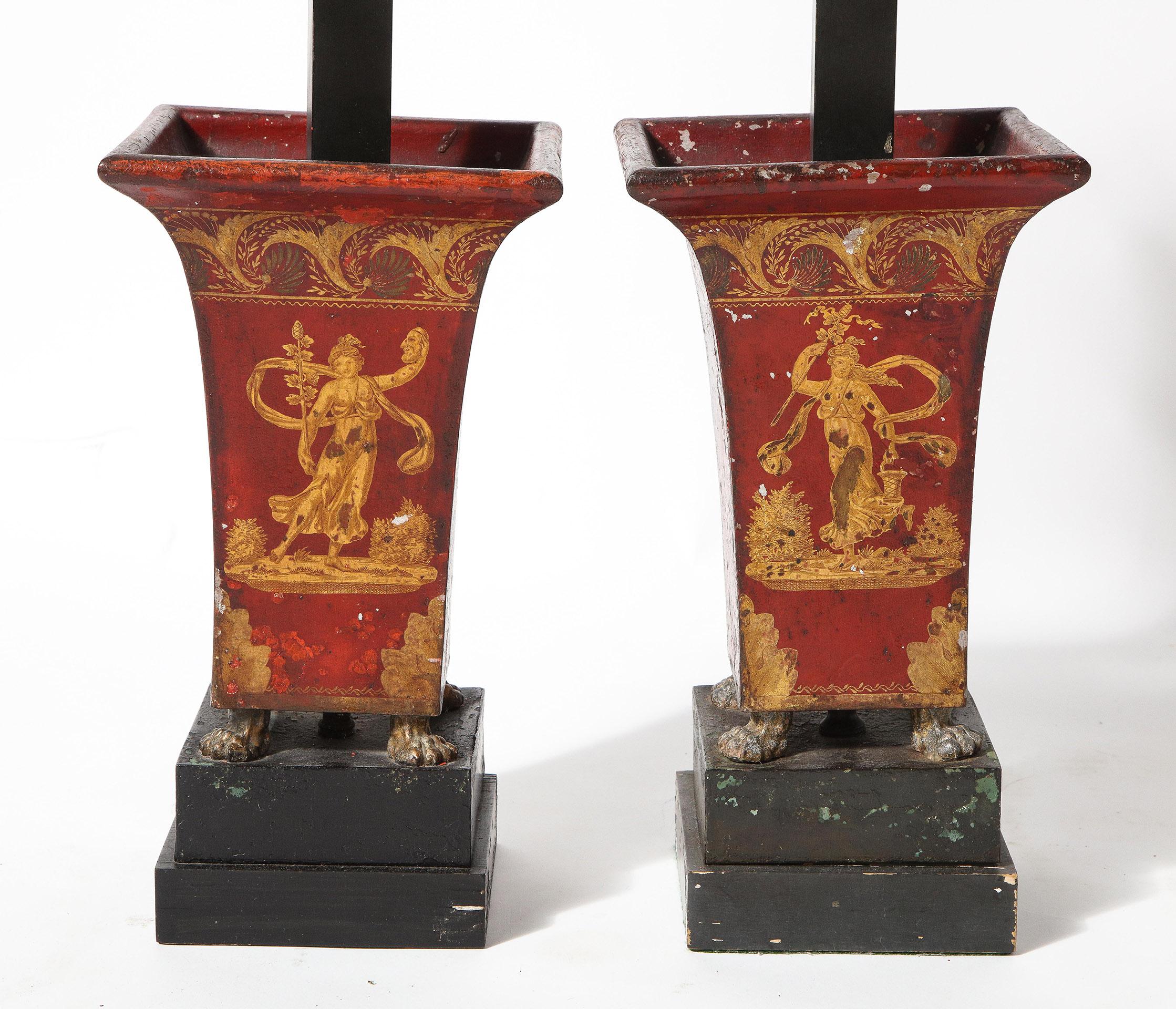Pair of Red Decorated Lamps For Sale 7