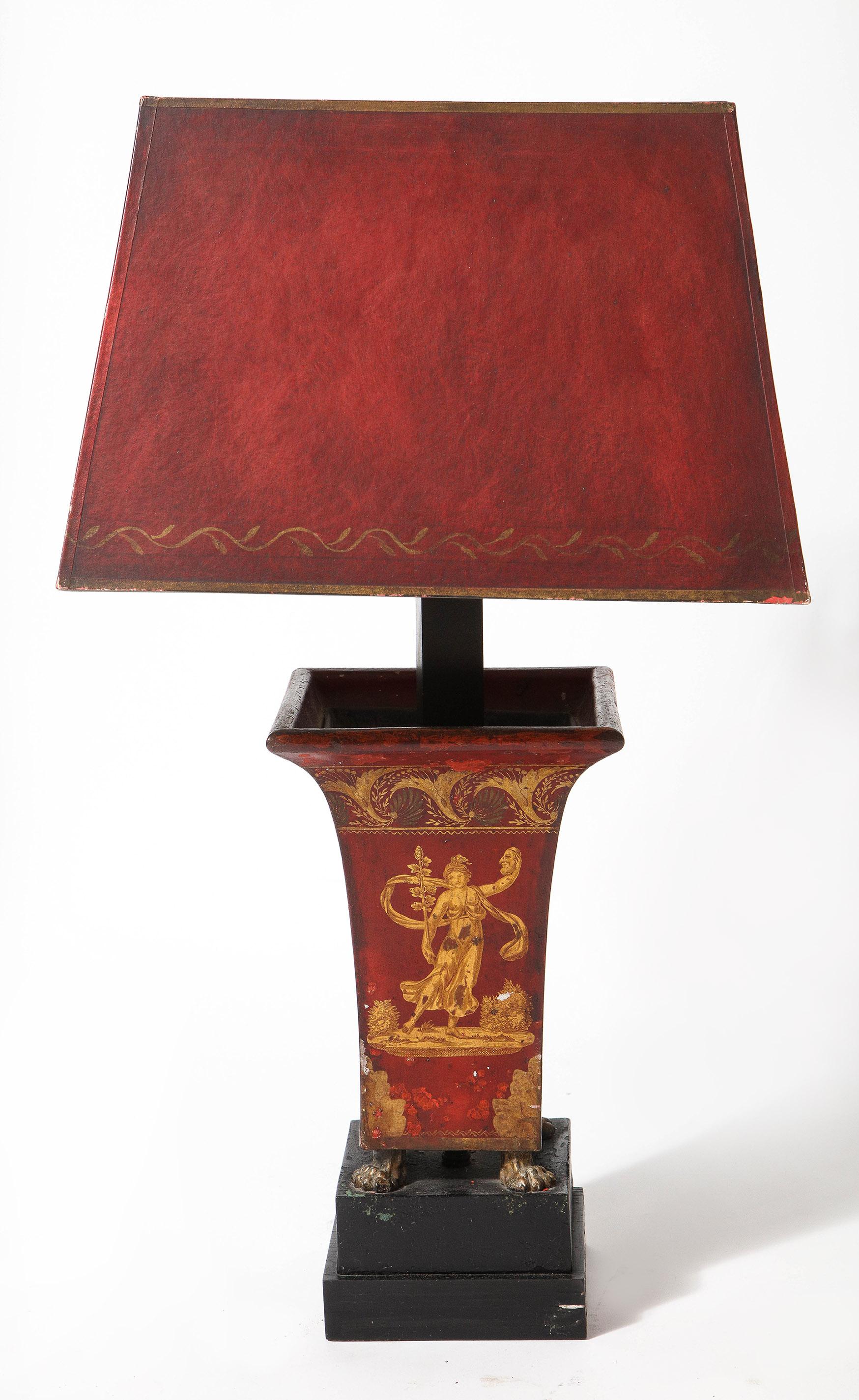 Hand-Painted Pair of Red Decorated Lamps For Sale