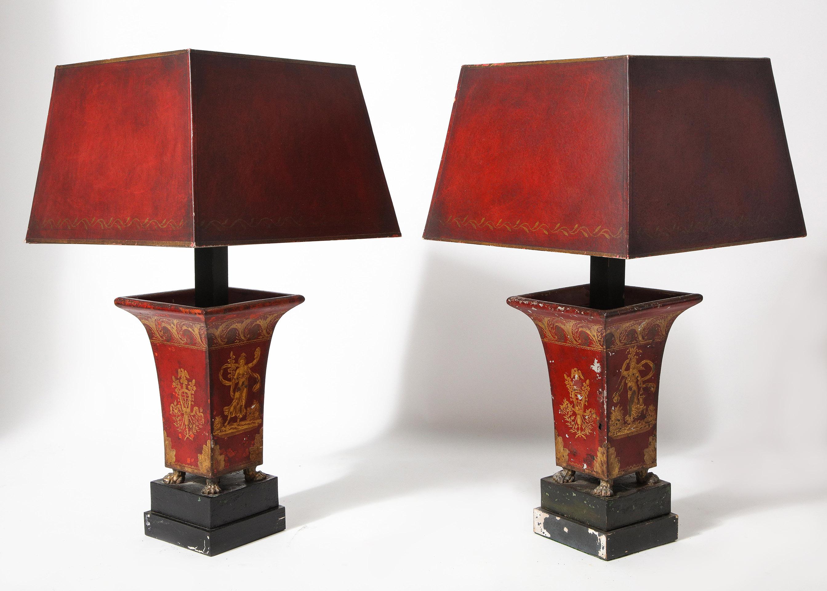 Pair of Red Decorated Lamps For Sale 3