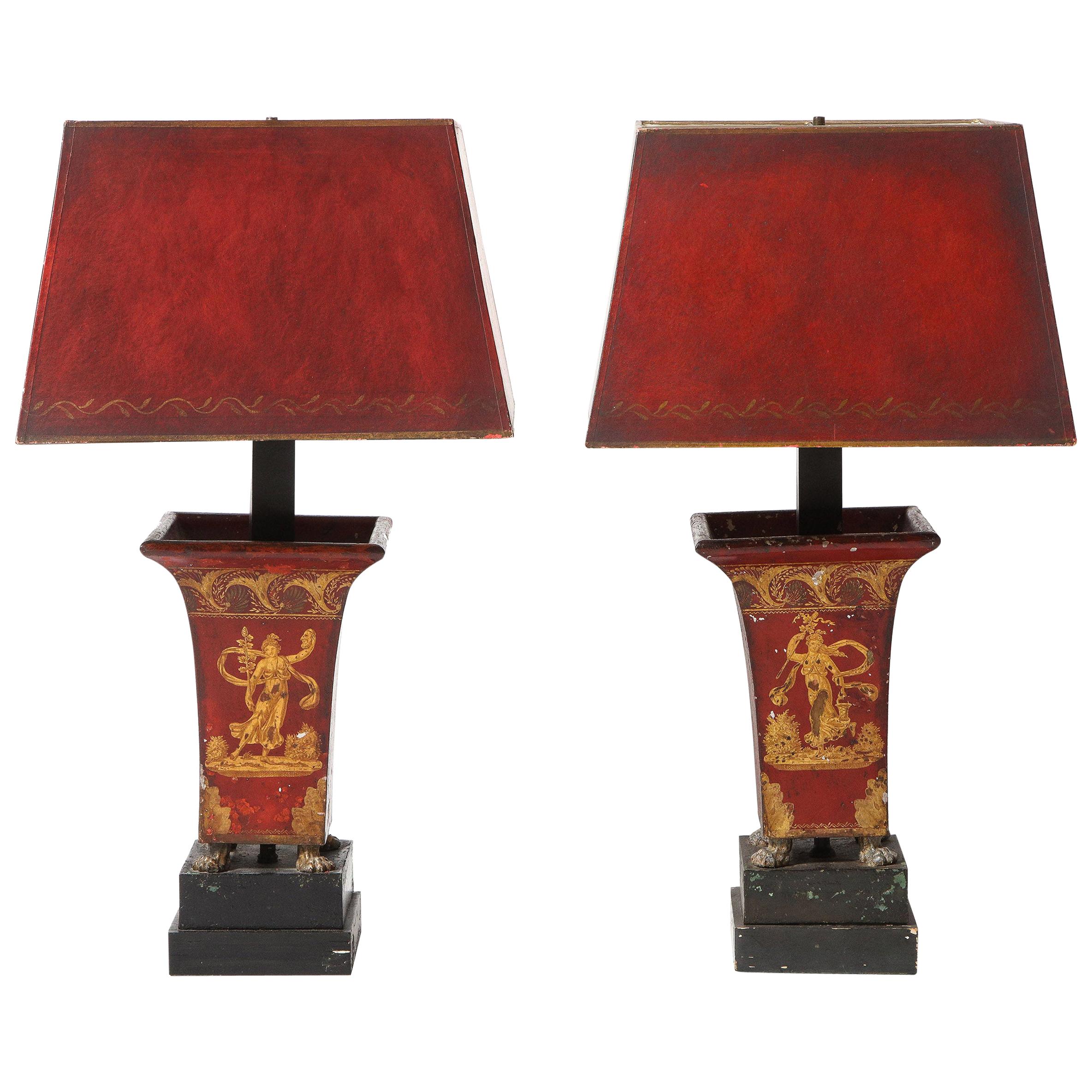 Pair of Red Decorated Lamps For Sale