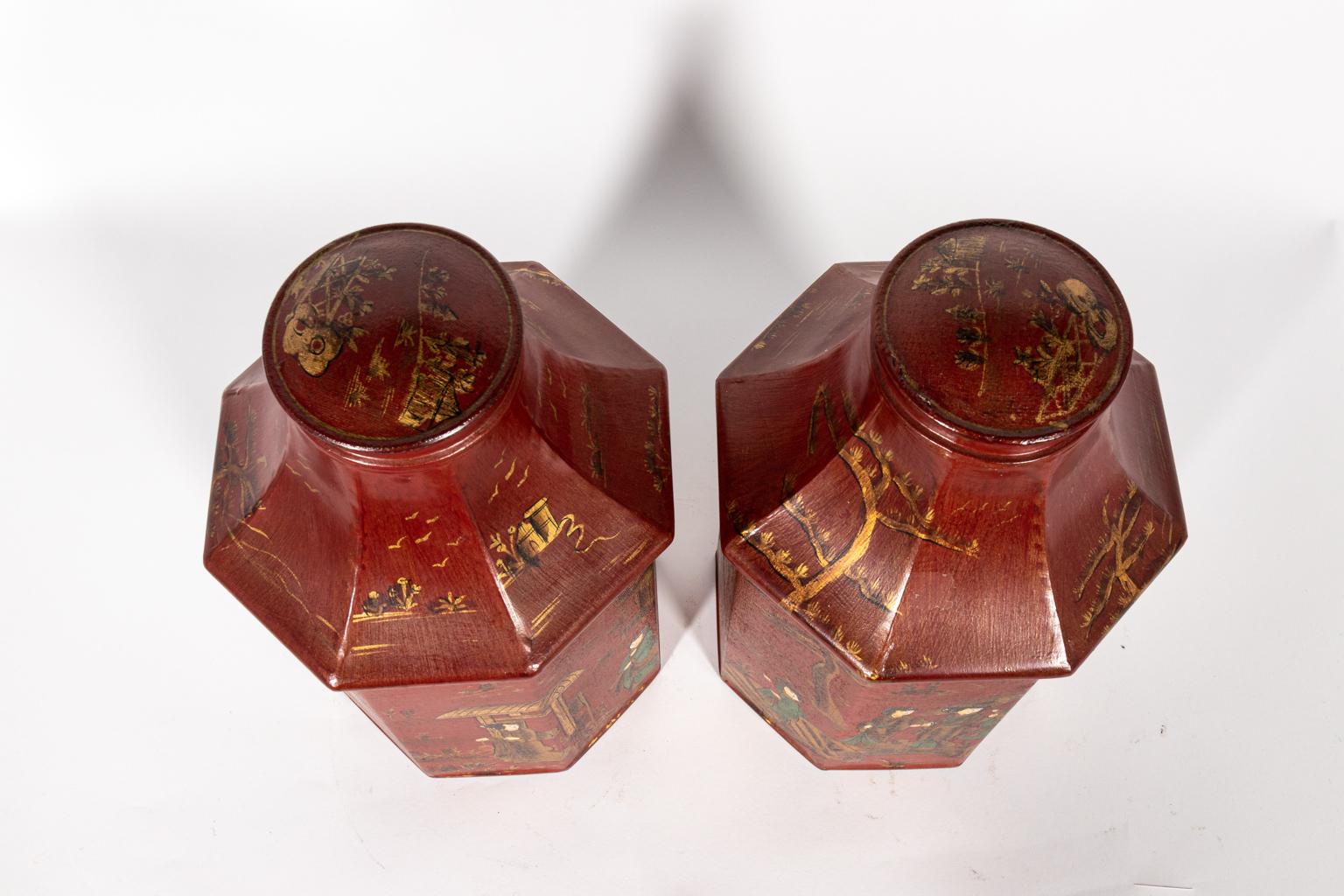20th Century Pair of Red Decorated Tea Tins