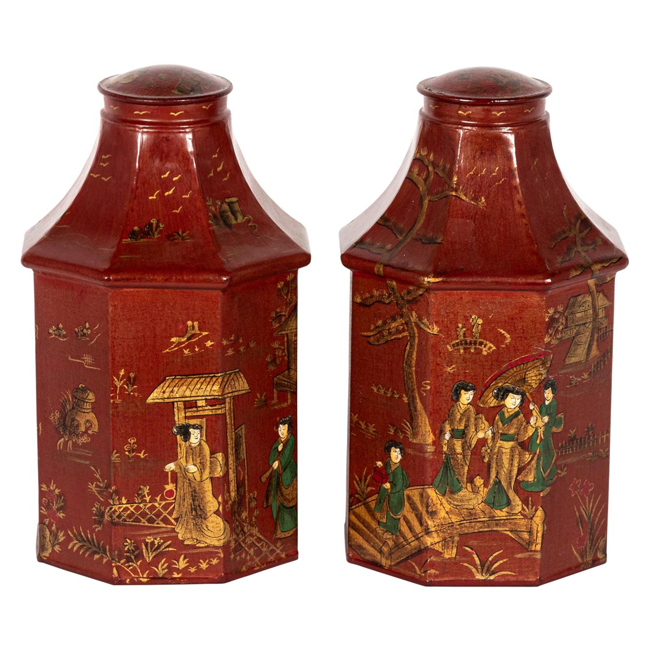 Pair of Red Decorated Tea Tins