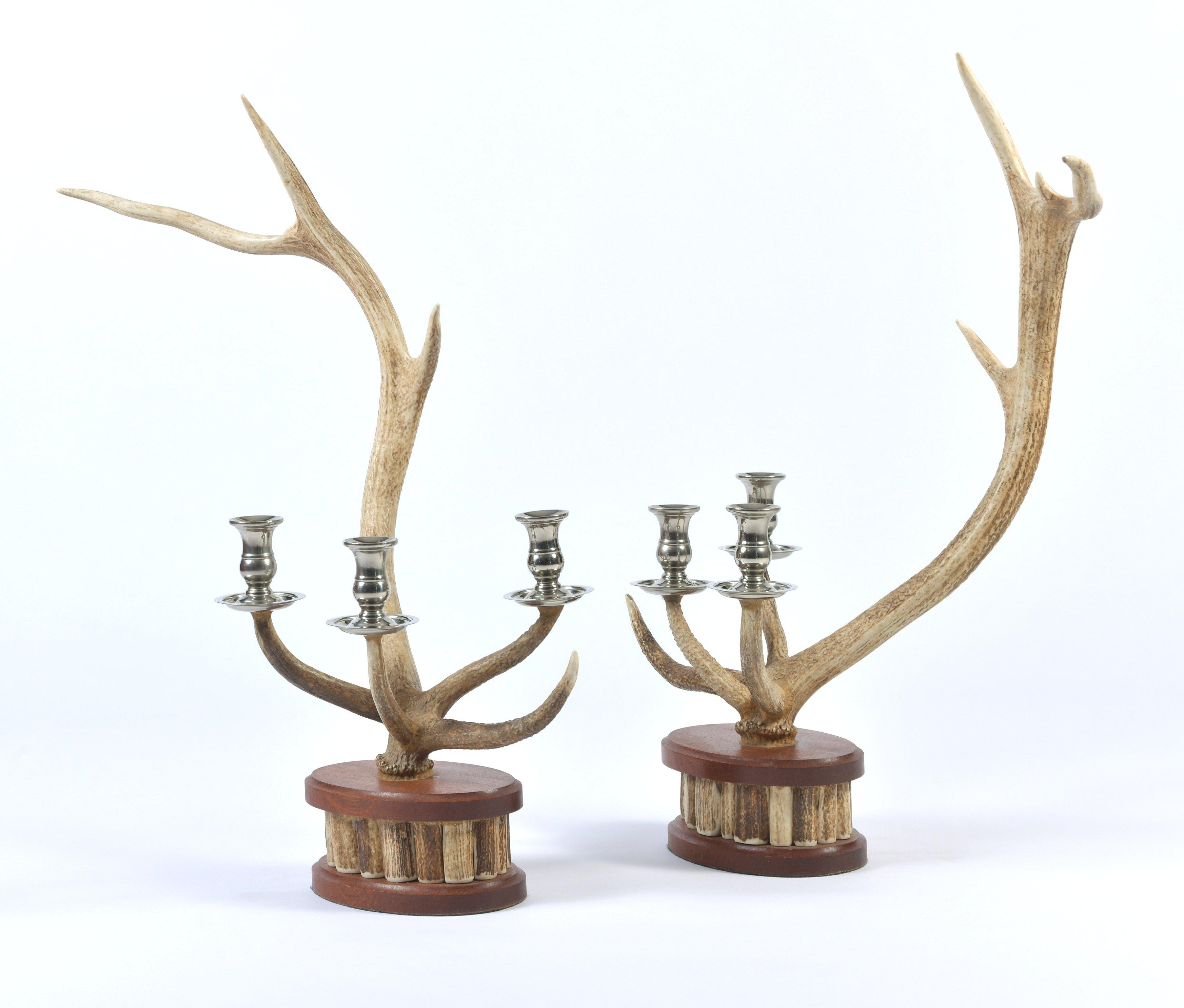 These lovely and unique candlesticks, from red deer antler horn in Scotland is individually crafted and hand made. Each candlestick has 3 nickel-plated candle cups and measures approximately 25 in – 63.5 cm wide, 11 ½ in – 29.3 cm deep and 27 in –