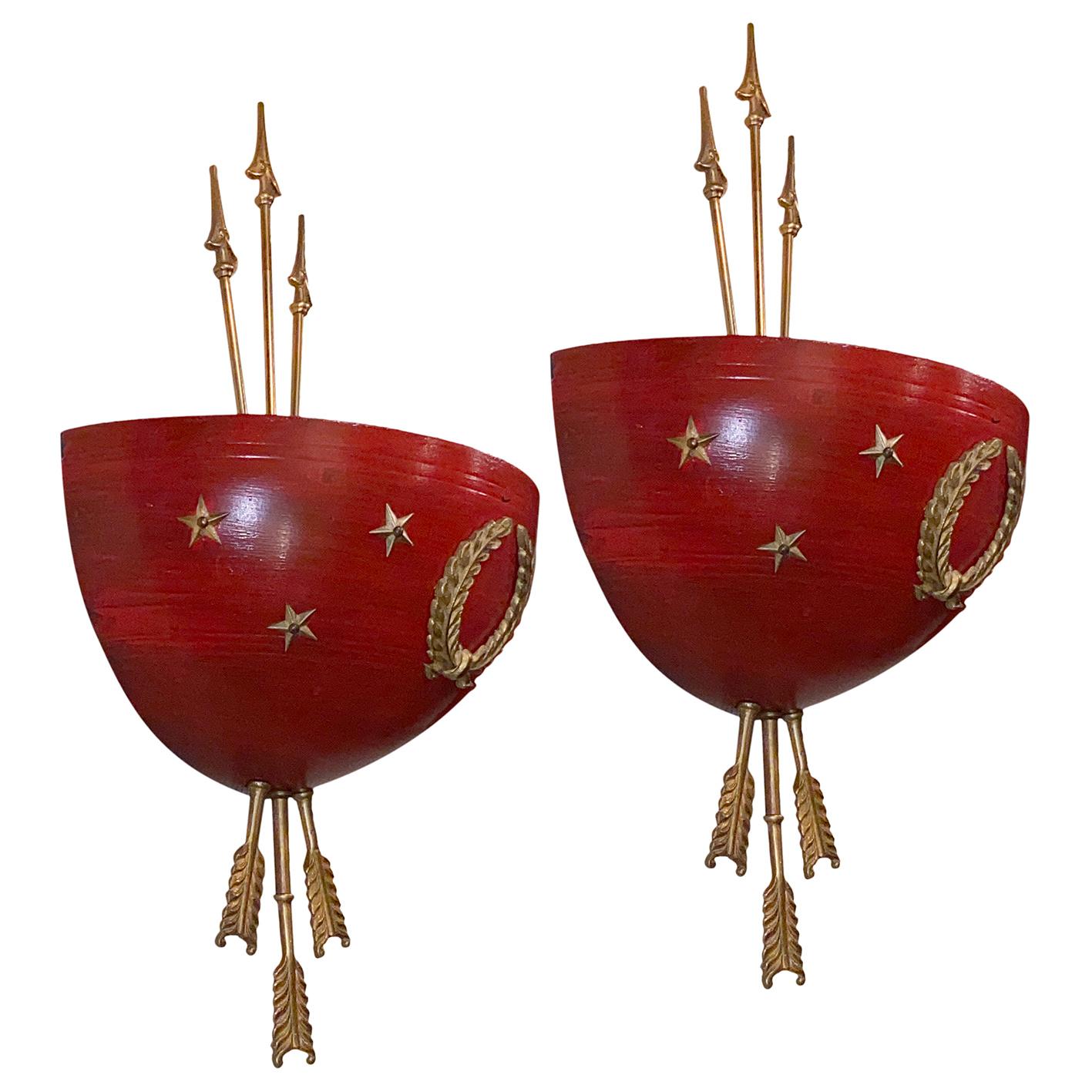 Mid-20th Century Pair of Red Empire Style Sconces For Sale