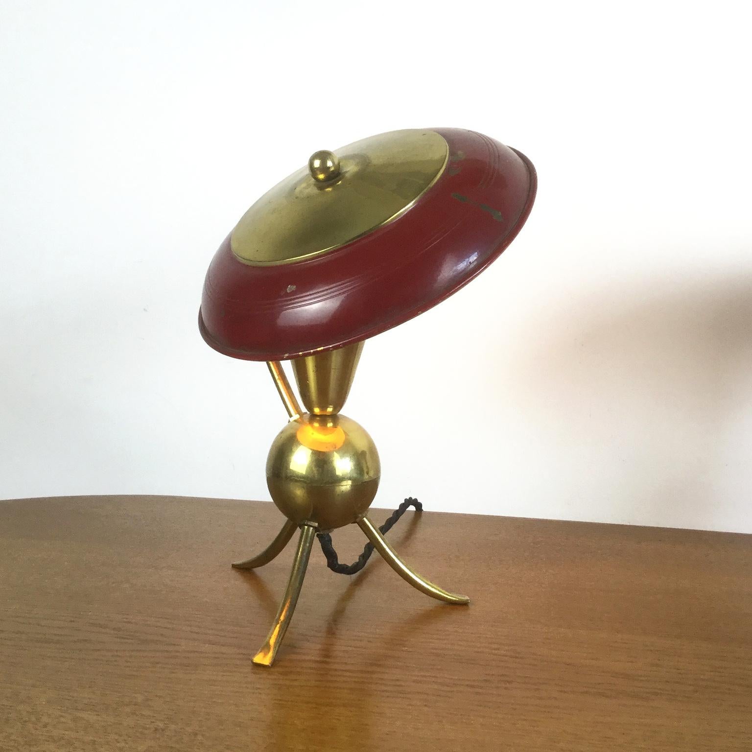 European Pair of Red Enamel and Brass Tripod Table Lamp, French, 1950s For Sale