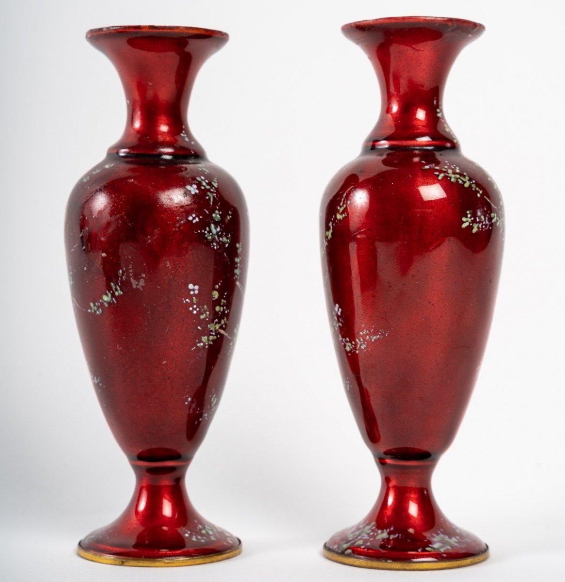 19th Century Pair of Red Enamel Vases, Art Nouveau