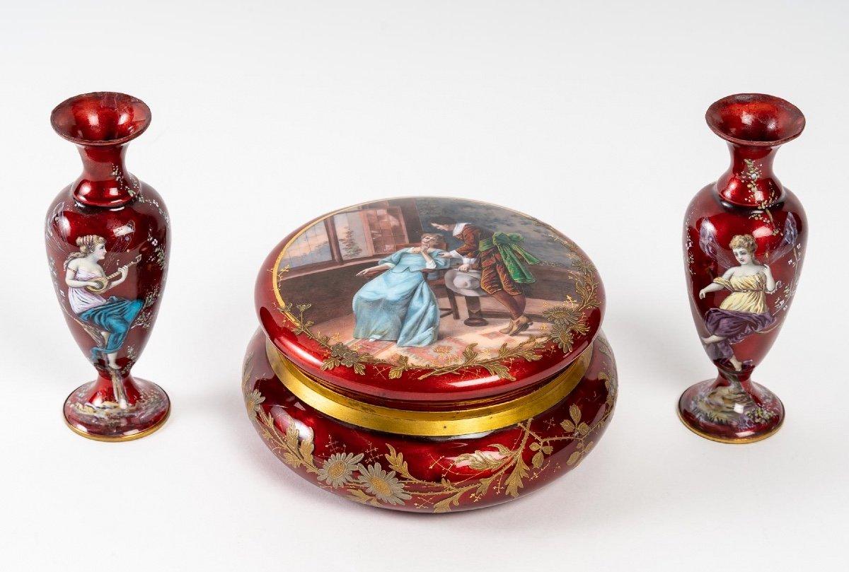 Pair of Red Enamel Vases, Art Nouveau 2