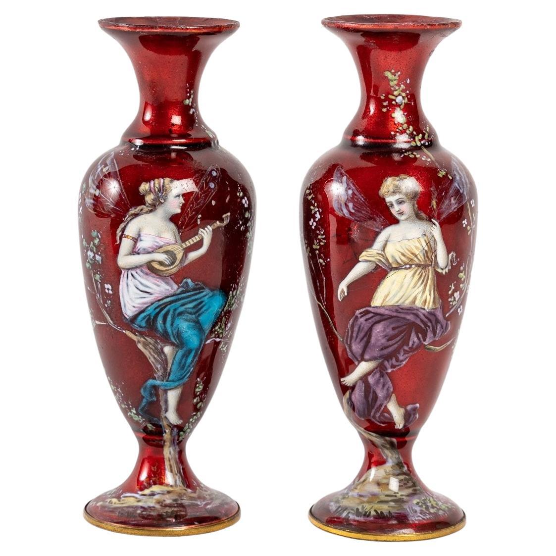 Pair of Red Enamel Vases, Art Nouveau