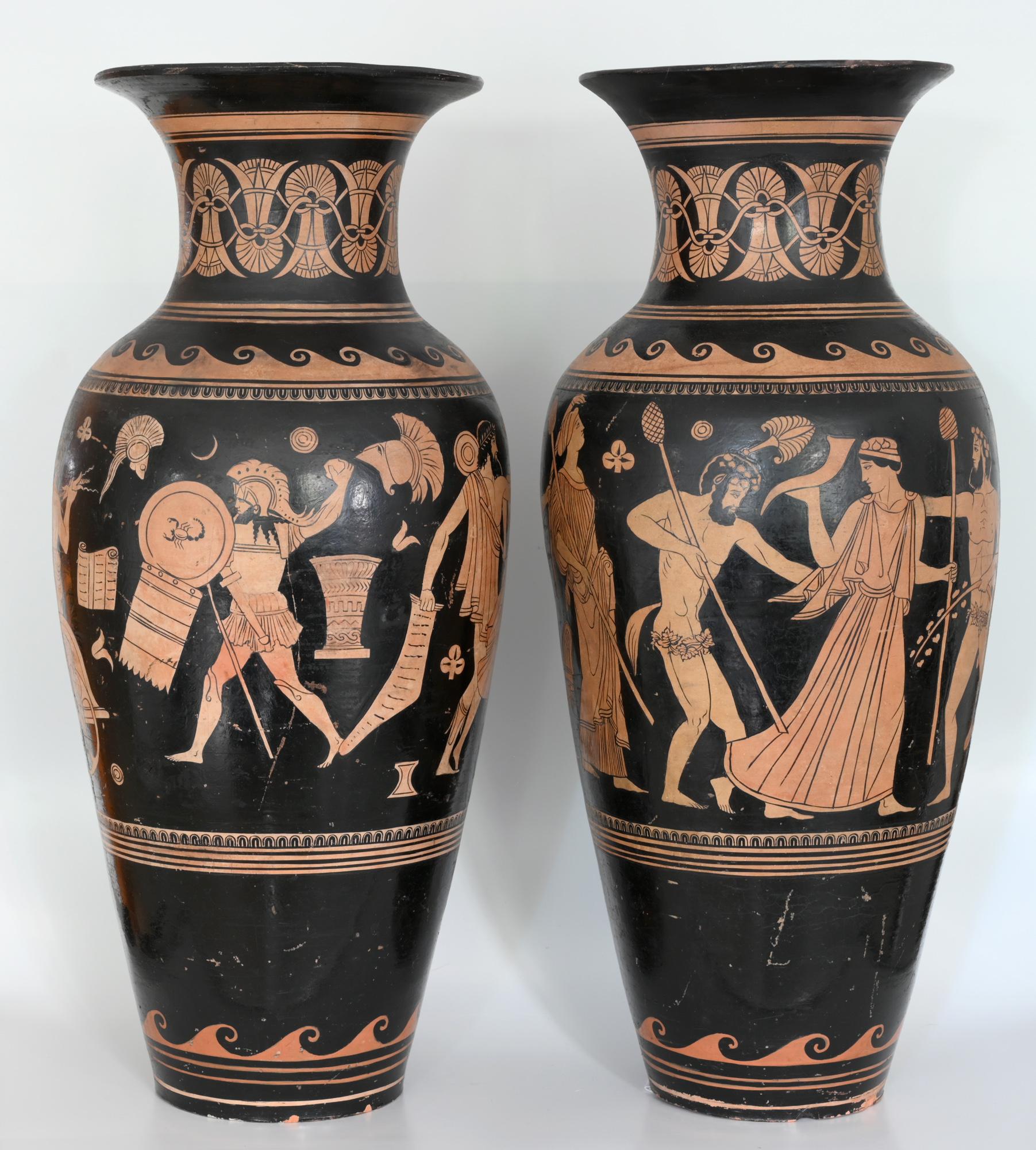 Pair of red-figure black-ground vases, 1810-1850, Italy, Terracotta, Grand Tour

Pair of red-figure black-ground vases circa 1810-1850 from Italy probably Naples or Sicilia.
One vase shows Zeus, with his flashes in the hand, in a chariot.