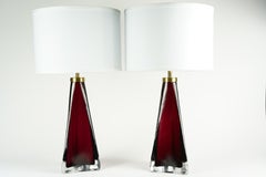 Pair of red frosted Triangular Orrefors Lamps, Sweden 1960