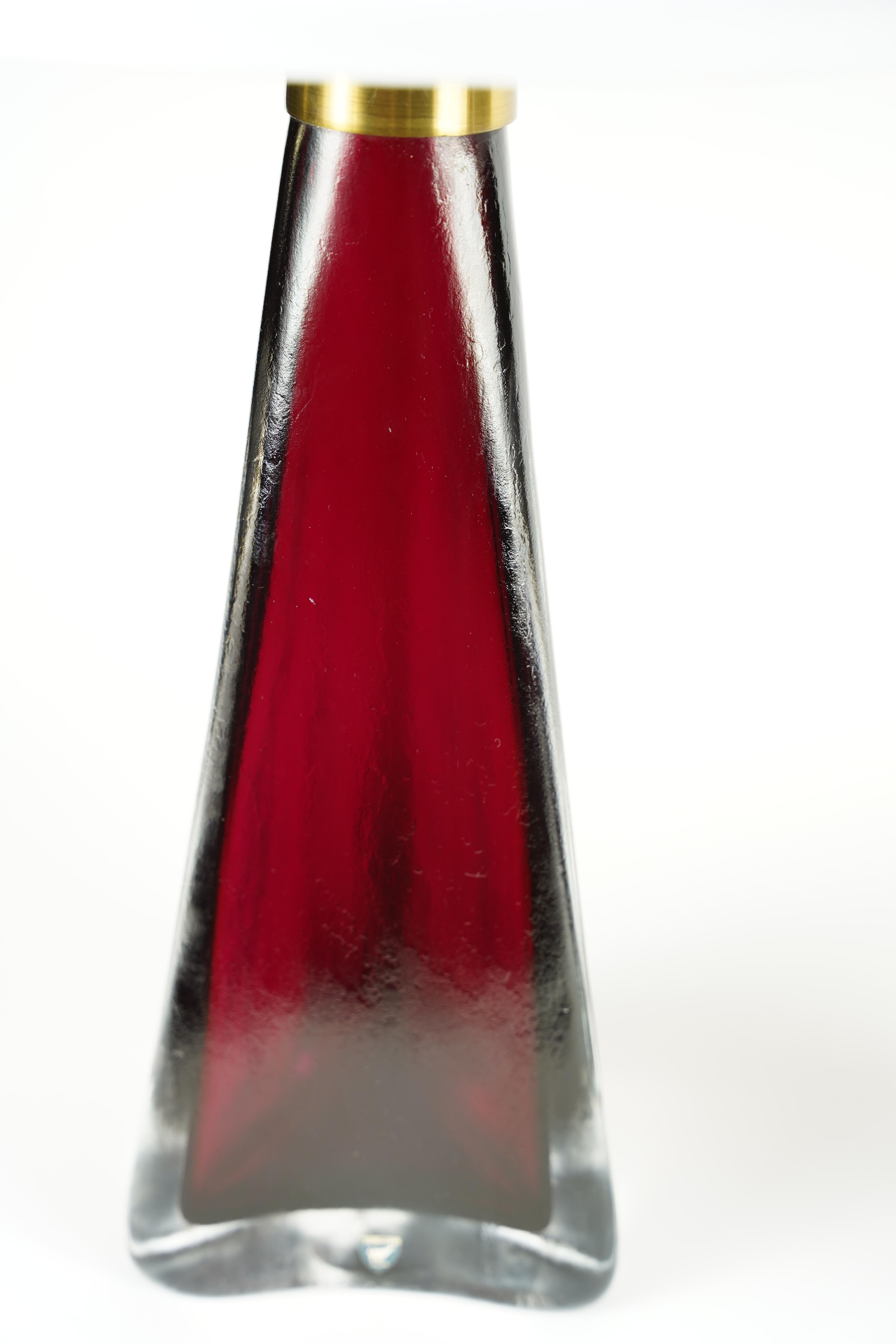 Brass Pair of red frosted Triangular Orrefors Lamps, Sweden 1960 For Sale