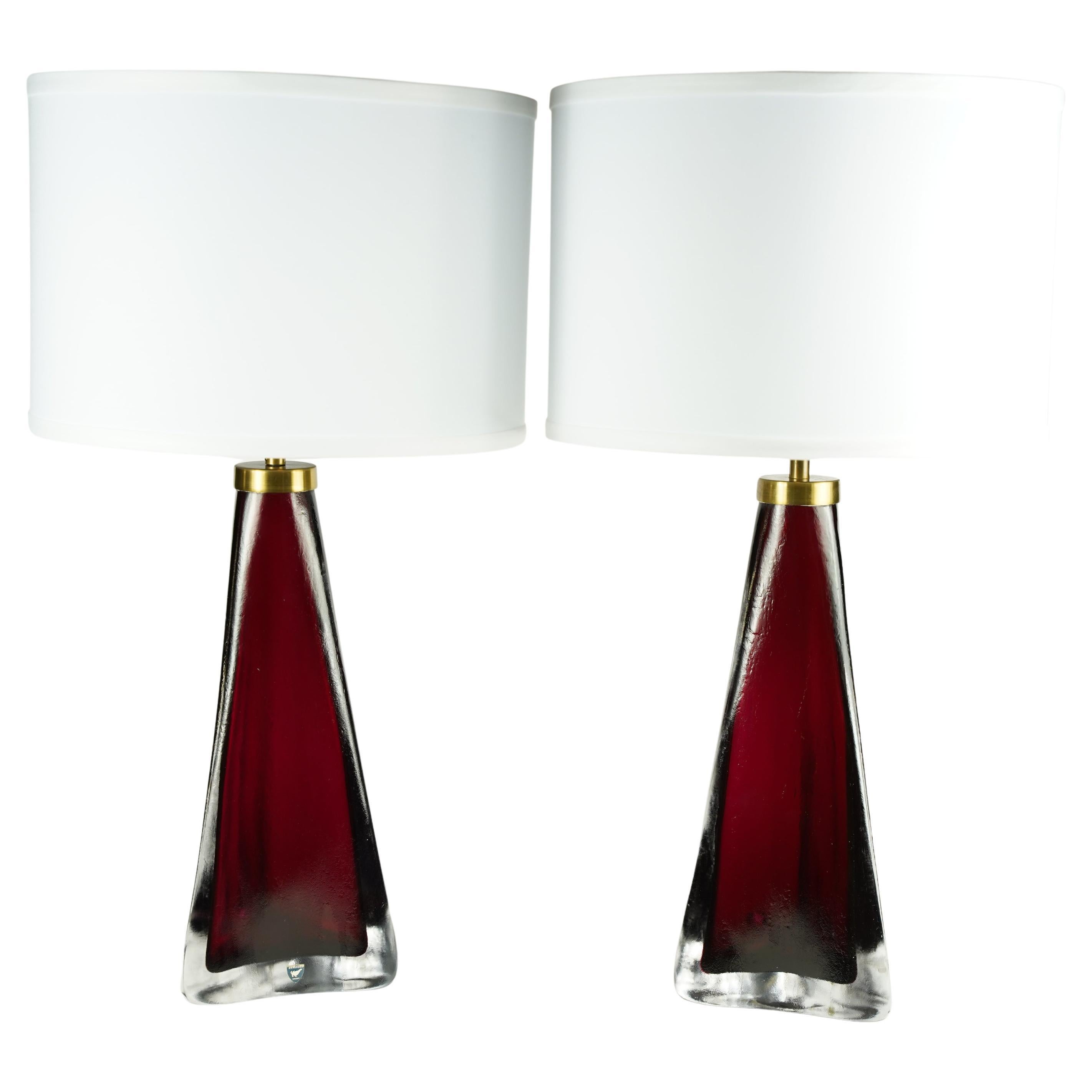 Pair of red frosted Triangular Orrefors Lamps, Sweden 1960