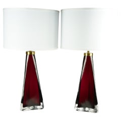 Pair of red frosted Triangular Orrefors Lamps, Sweden 1960