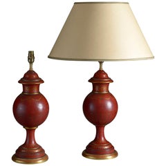 Pair of Red & Gilded Tole Vase Lamps