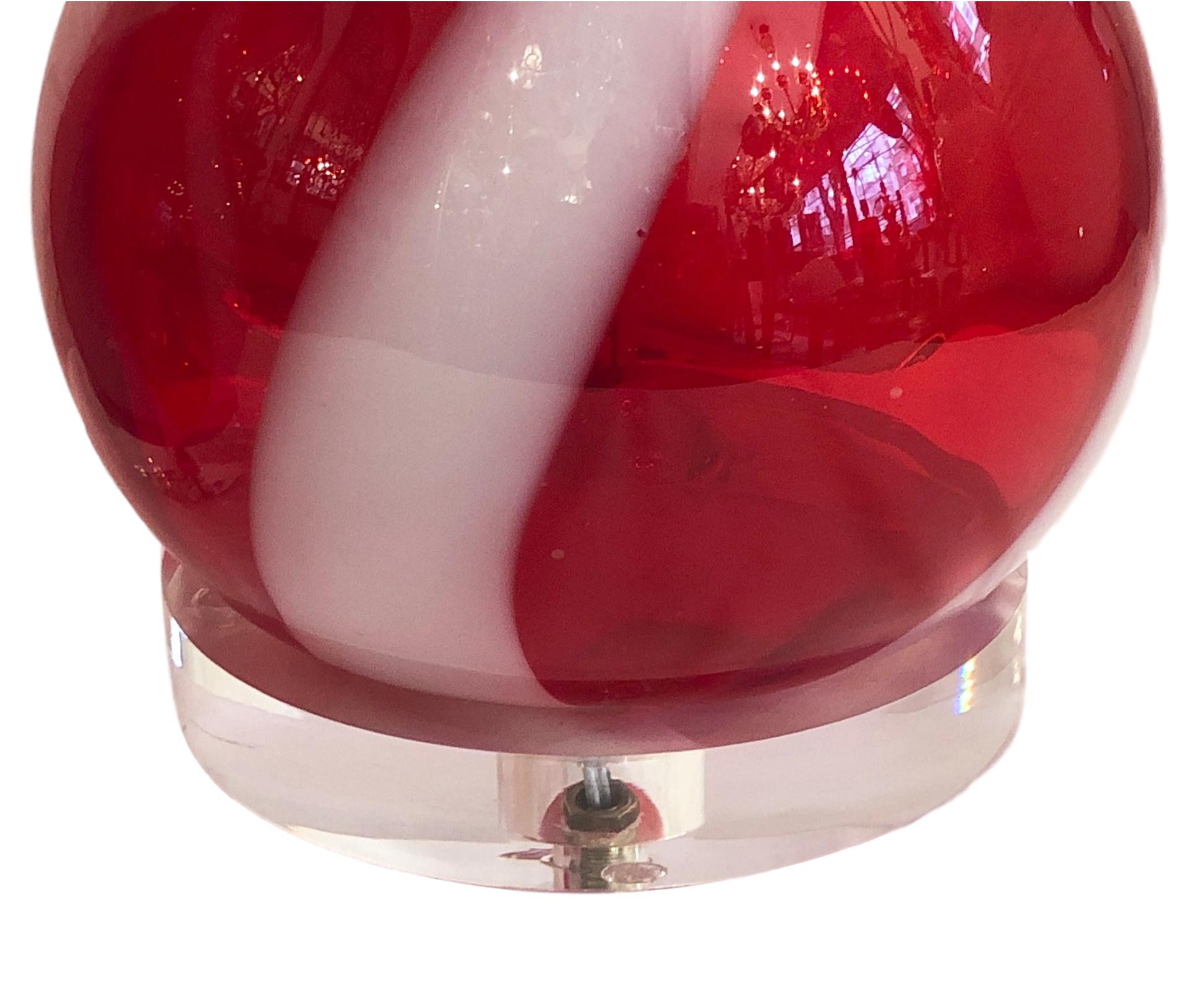 Italian Pair of Red Glass Murano Lamps For Sale
