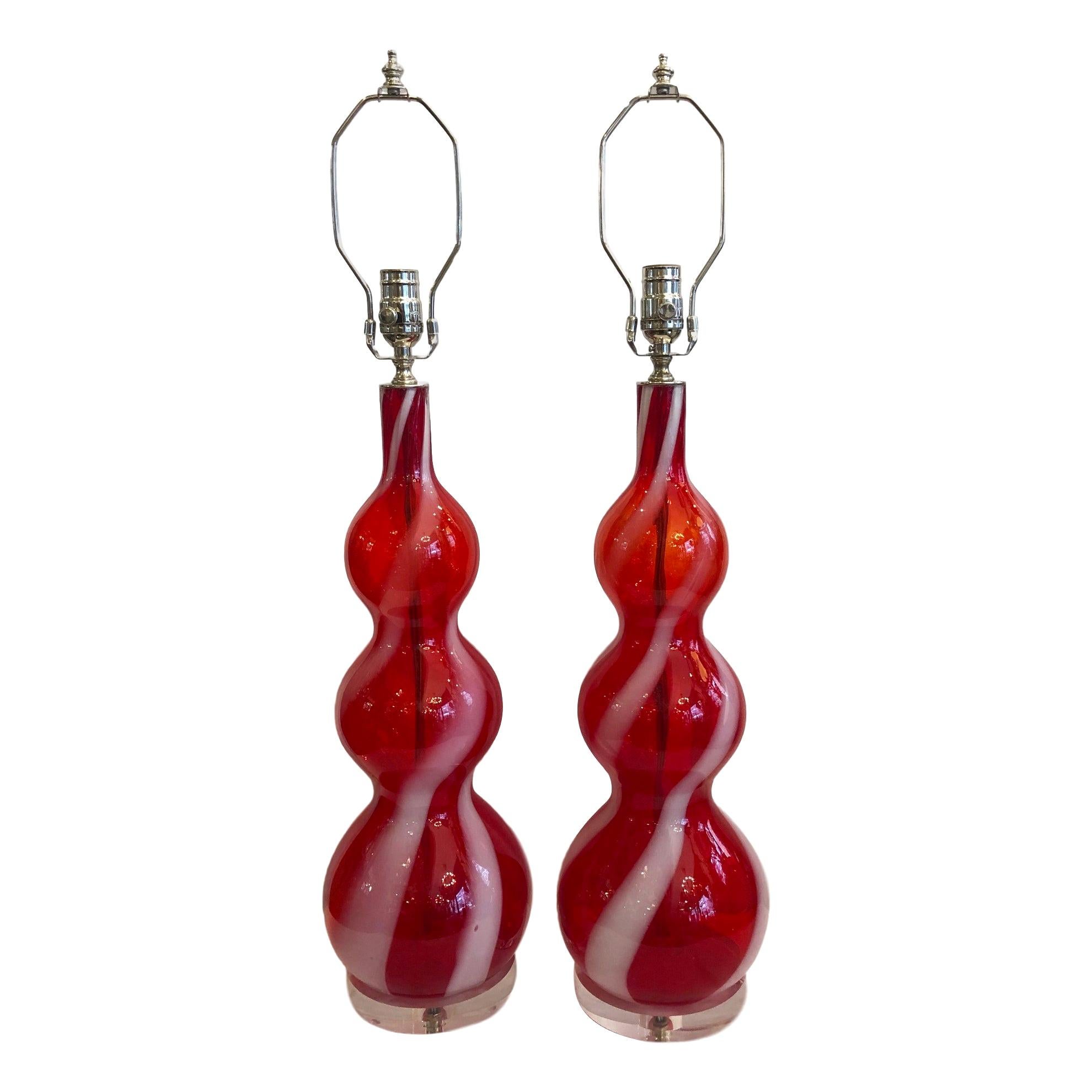 Pair of Red Glass Murano Lamps For Sale