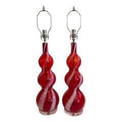 Vintage Pair of Red Glass Murano Lamps