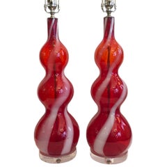 Pair of Red Glass Murano Lamps