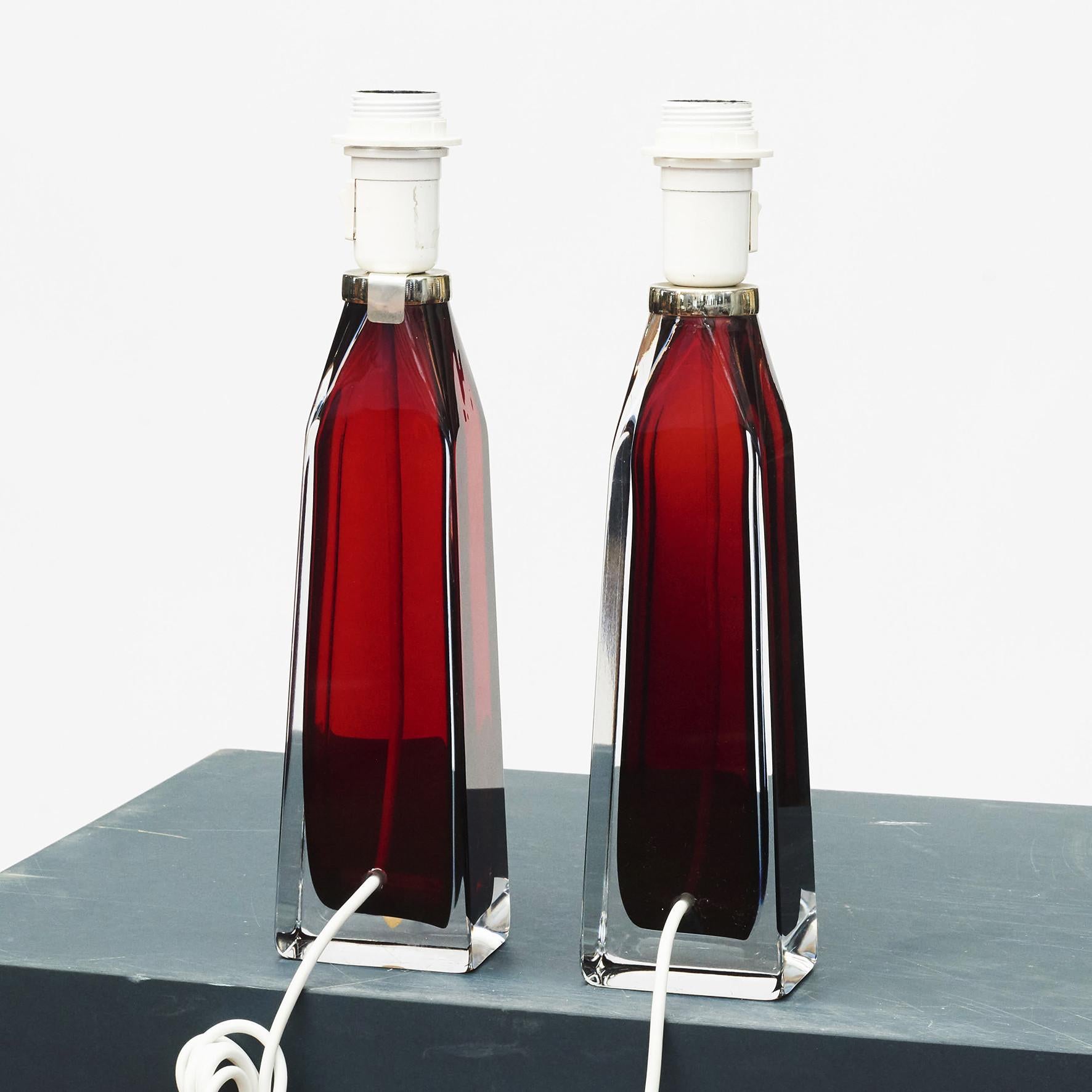 Modern Pair of Red Glass Table Lamps Orrefors by Carl Fagerlund